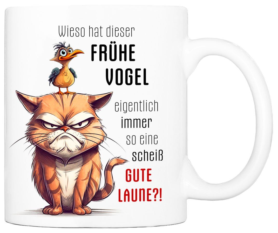 Cadouri Tasse DER FRÜHE mit beidseitig Geschenk, VOGEL Keramik, Kaffeetasse - humorvolle Spruch ml Tasse, handgefertigt, bedruckt, Bürotasse, 330