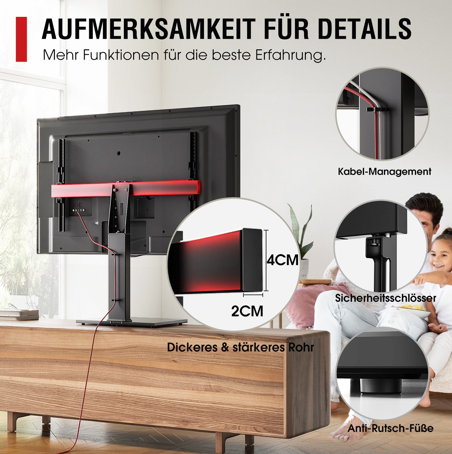 AOKCOS TV-Ständer höhenverstellbar, ±25° schwenkbar, 32-75 Zoll, (bis 75 Zoll, rutschfeste Füße, Tisch-TV-Ständer) – Bild 5 von 5