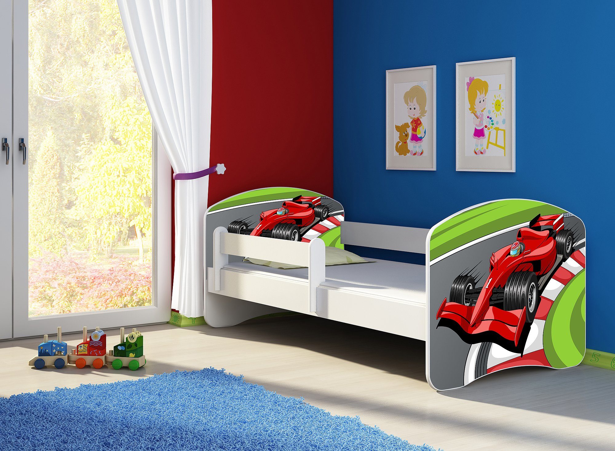 Clamaro Kinderbett (Kinderbett, Babybett 70x140, 80x160, 80x180cm Juniorbett, Kind, Motiv, Schublade CLAMARO)