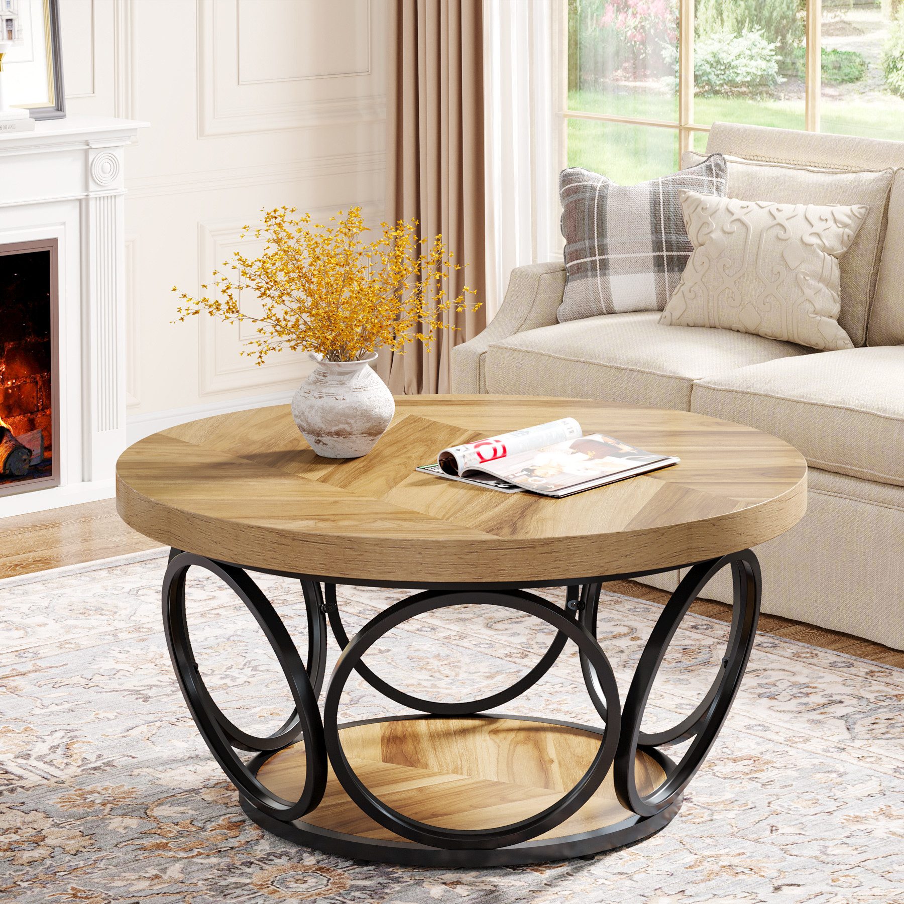 Tribesigns Couchtisch Runde Kaffeetisch Beistelltisch, Industrial 2-Tier-Kreis Holztisch, Bauernhaus Große Runde wohnzimmertisch, Moderne Braune Teetisch