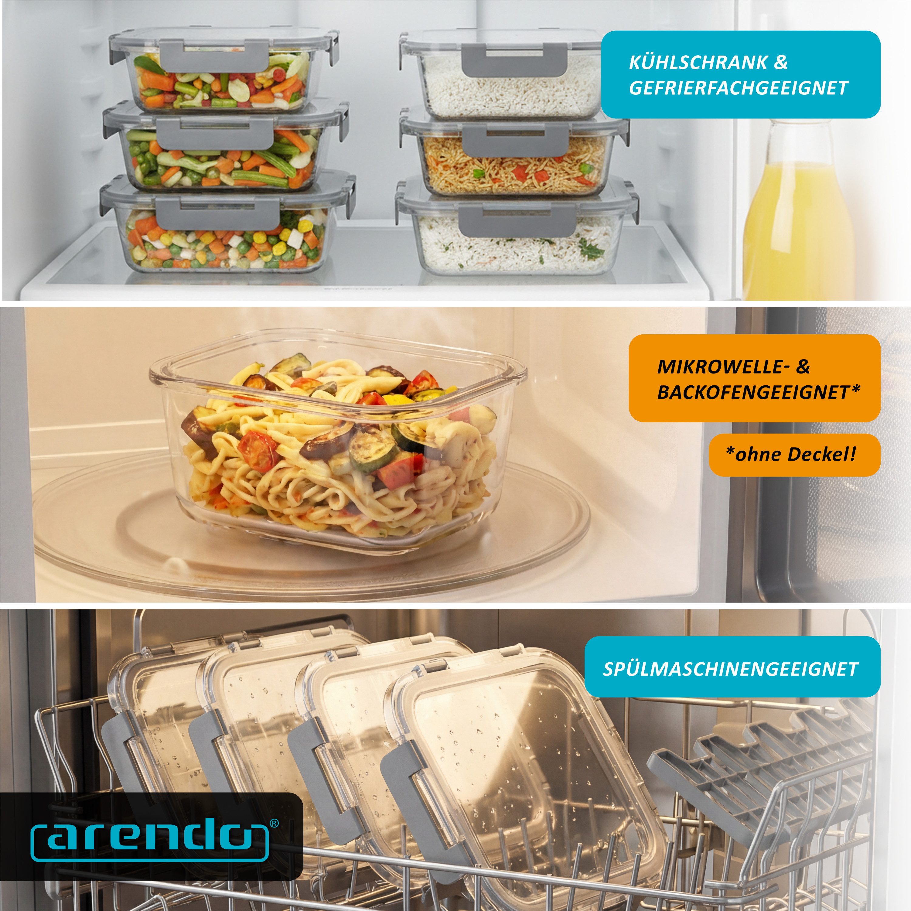 Arendo Frischhaltedose mit Deckel 5er Set, Vorratsdosen, Glas-Lunchboxen, auslaufsicher, Borosilikatglas, Kunststoff, (Set, 5-tlg., 5 x 1050 ml, rechteckig), Mi – Bild 5 von 5