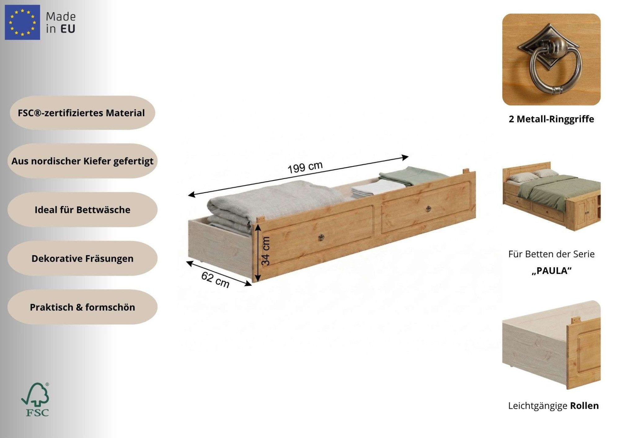 OTTO home Bettschubkasten Paula (1 St), aus massiver Kiefer, passend für gleichnamiges Bett, FSC®