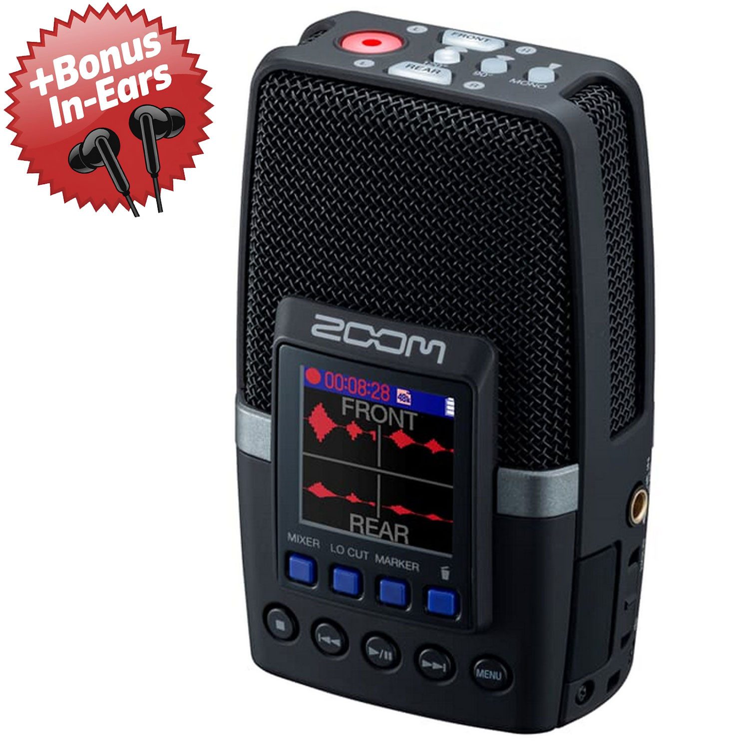 Zoom Audio Zoom Audio-Recorder H2essential + Bonus In-Ear Kopfhörer Digitales Aufnahmegerät (Dreifach-Mikrofon-Konfiguration)