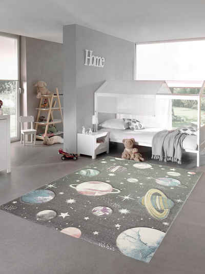 Kinderteppich Kinderteppich Weltraum Lernteppich mit Sternen und Planeten in pastell grau, Teppich-Traum, rechteckig, Höhe: 13 mm