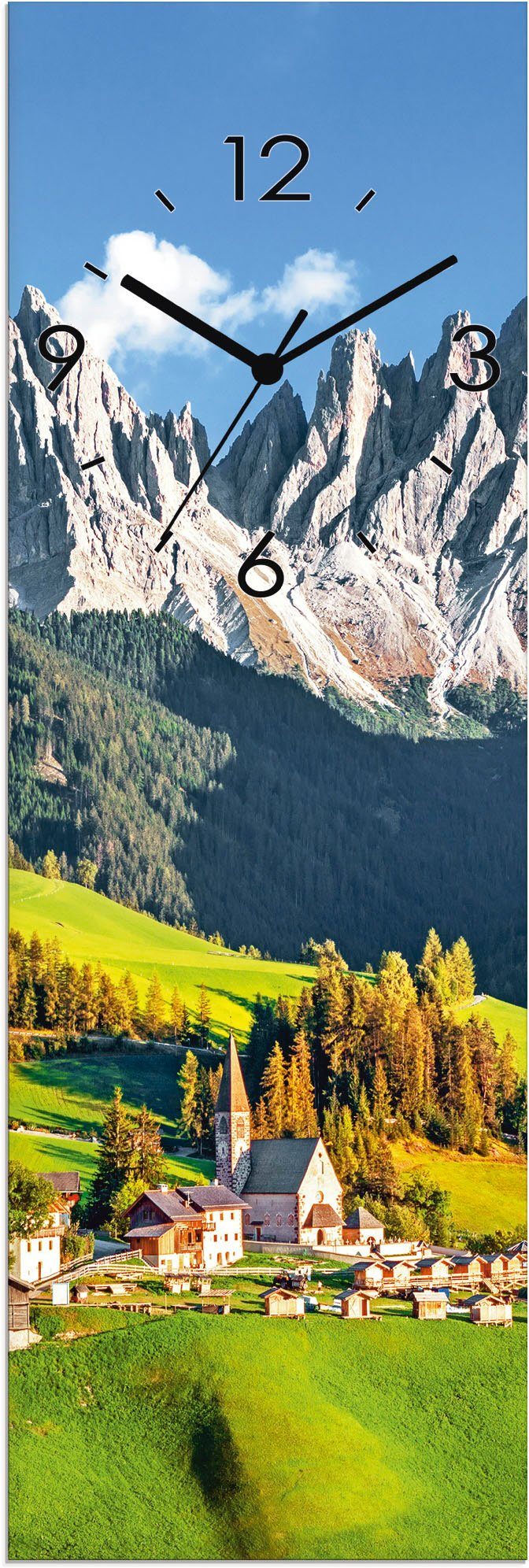 Glasuhr (wahlweise Alpen oder Quarz- Santa Maddalena Funkuhrwerk, Wanduhr lautlos Berge Tickgeräusche) mit Artland ohne