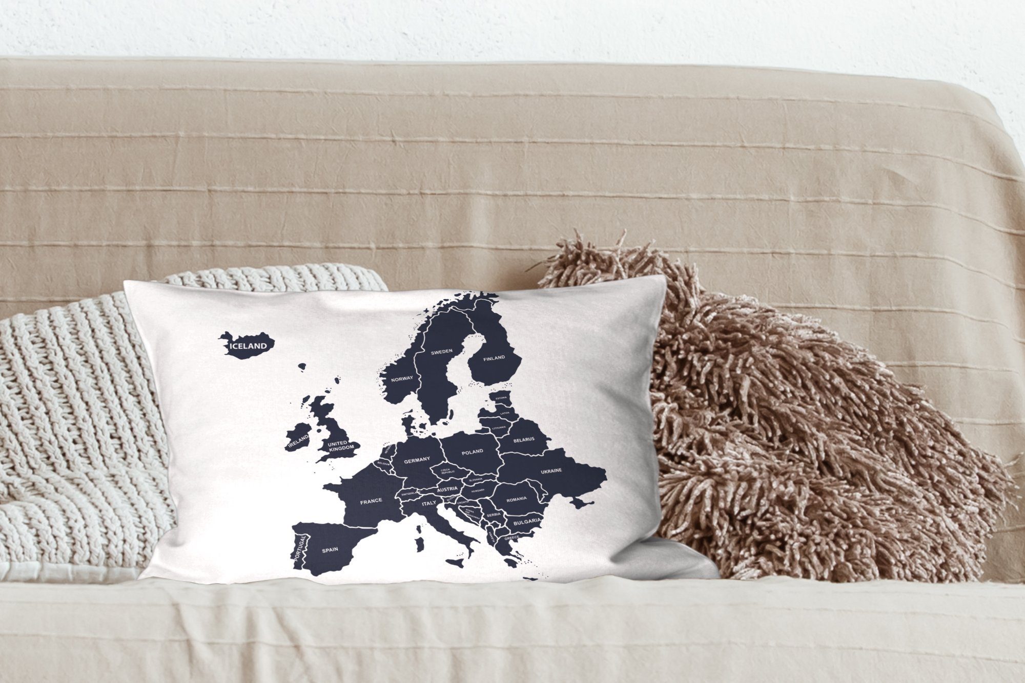 Wohzimmer Karte Europa Dekokissen MuchoWow Blau, Füllung, - Schlafzimmer Dekokissen Zierkissen, mit Dekoration, -