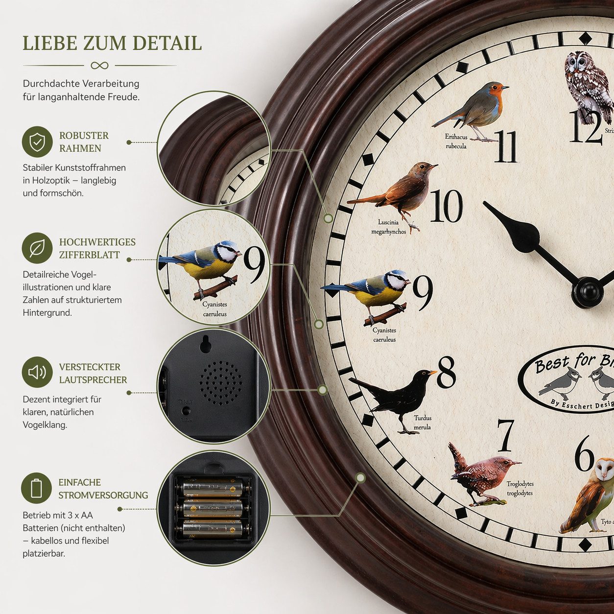 esschert design Wanduhr Wanduhr mit Vogelgezwitscher, 29,8 cm, mit 12 Vogelrufen (Uhr mit Vogelgezwitscher) – Bild 3 von 5