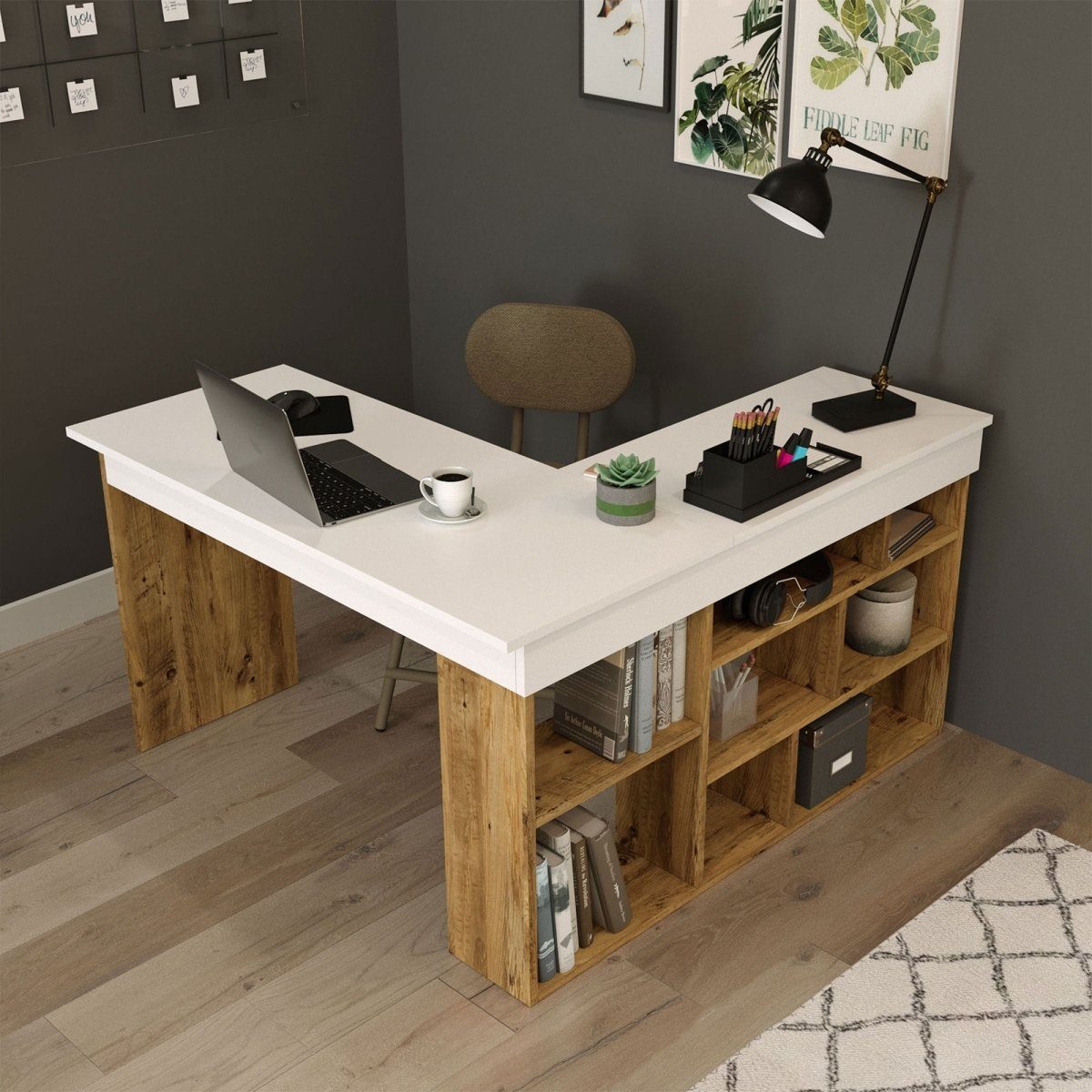 Luxusbetten24 Schreibtisch Designer Schreibtisch Tiro, Eckschreibtisch als Raumtrenner Weiß/Kiefer