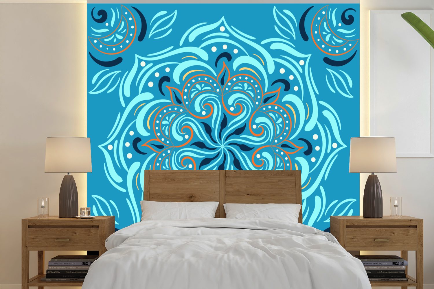 Orange Schlafzimmer, Tapete (5 Mandala bedruckt, Blau oder Matt, Wohnzimmer Vinyl Fototapete für St), - - Muster, MuchoWow - Wandtapete