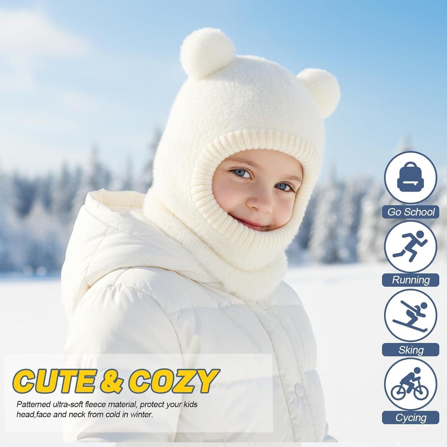 LuxusKollektion Sturmhaube Schlupfmütze Kinder Wintermütze Beanie Sturmhaube Bommel Weiß
