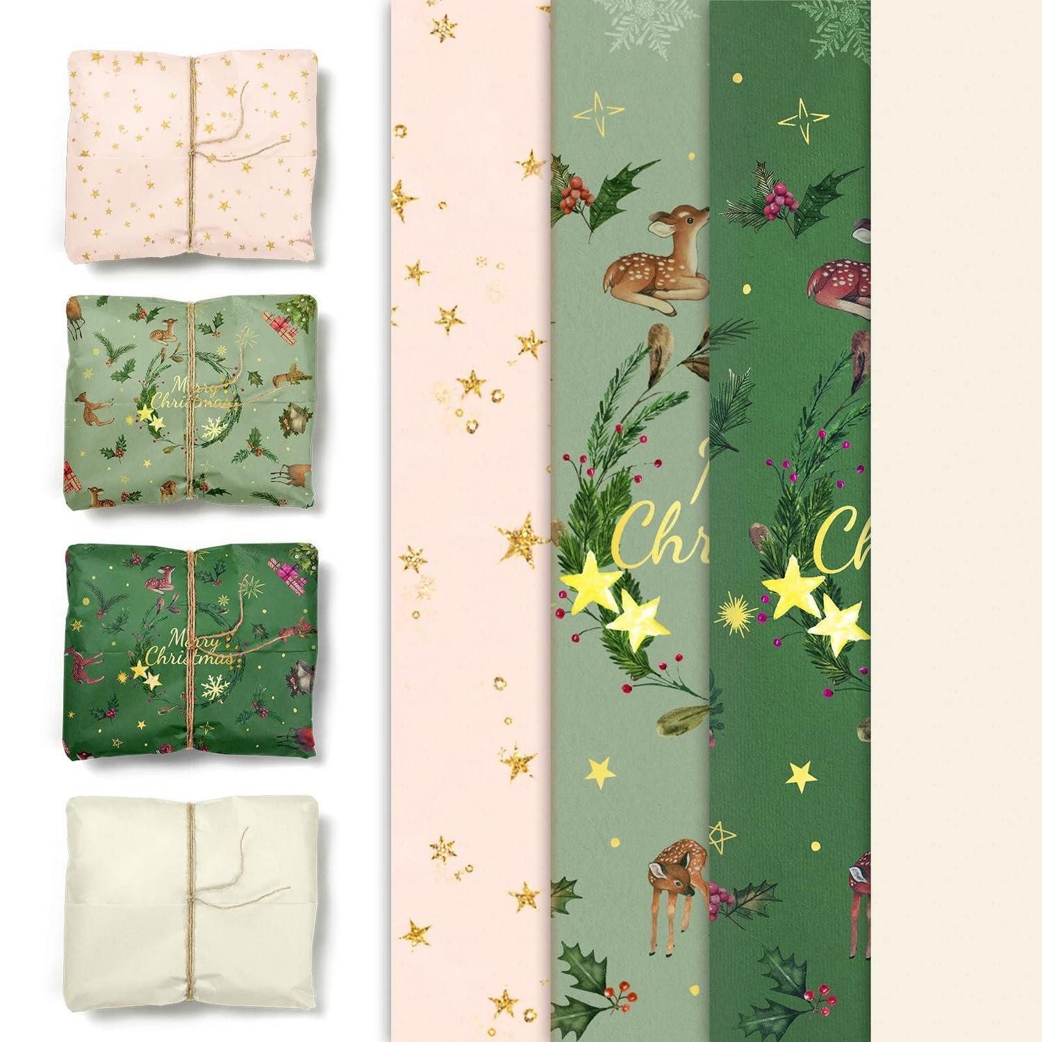LuxusKollektion Geschenkpapier Geschenkpapier Weihnachten Rosa Grün 24 Blätter, (24St)