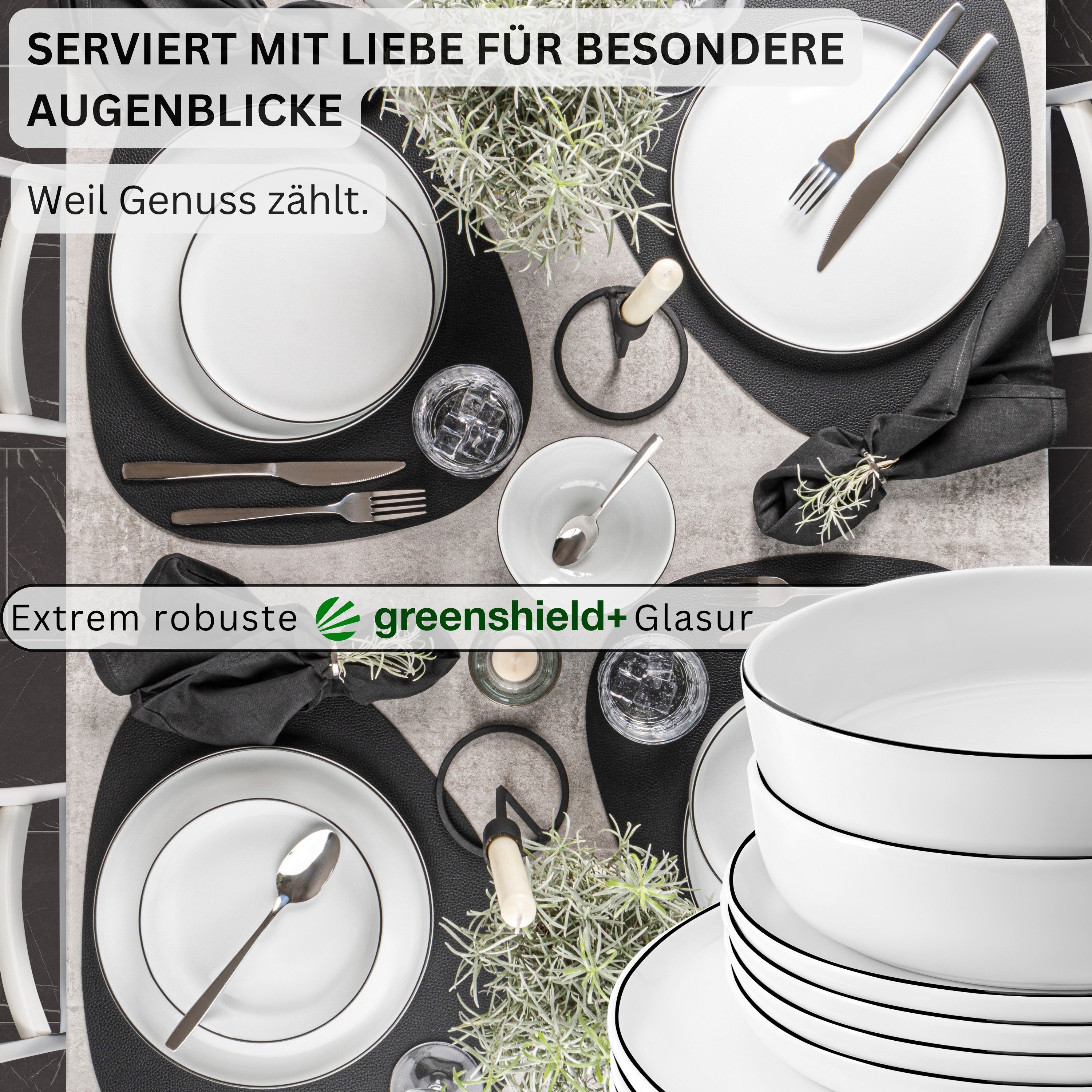 SÄNGER Tafelservice Marlo Geschirrset (24-tlg), 6 Personen, Porzellan, Black Rim, Weiß mit schwarzen Akzenten, Premium Collection