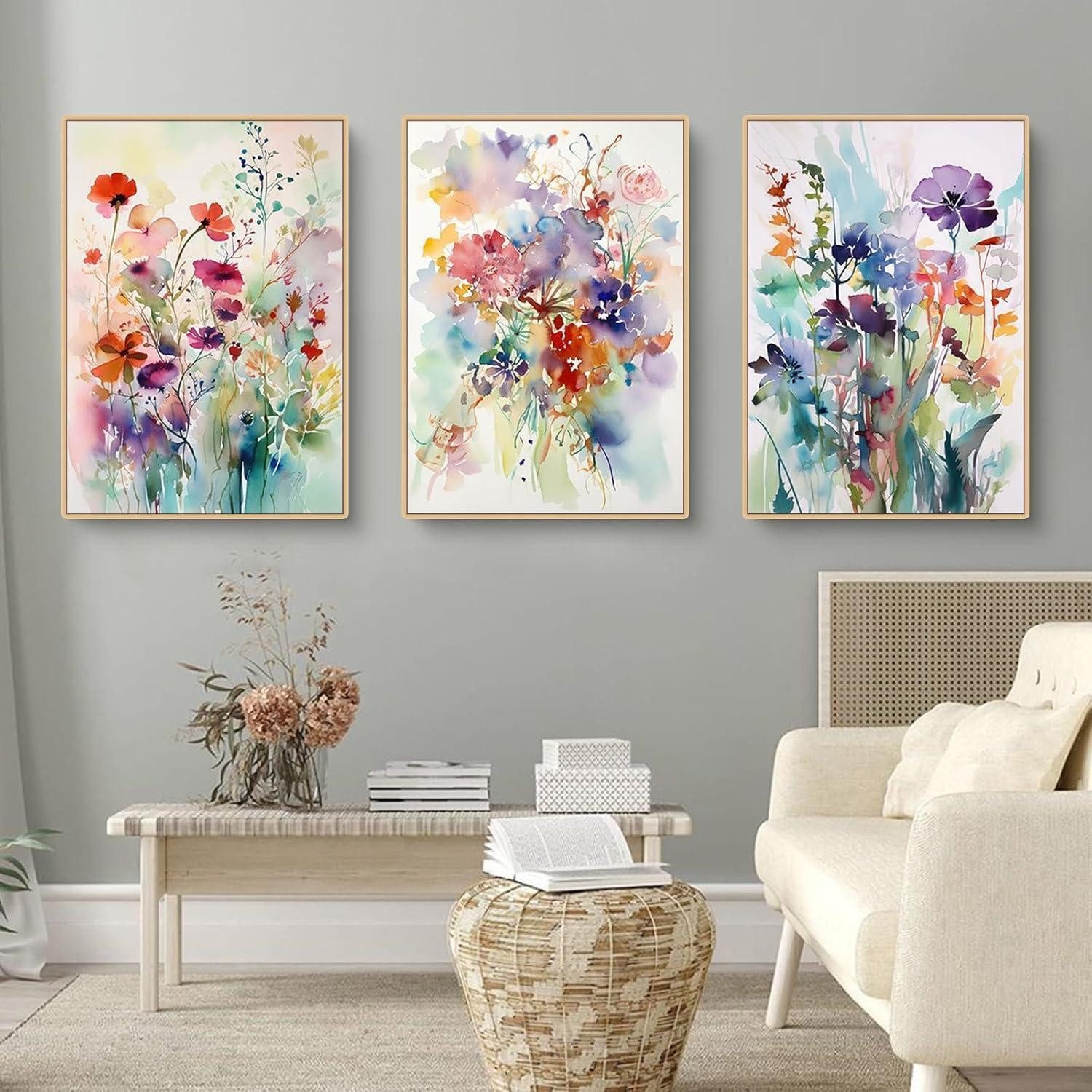 Herfair Poster Bilder Wohnzimmer 3er Set Bunt Blumen Aesthetic Leinwand Poster 40 x