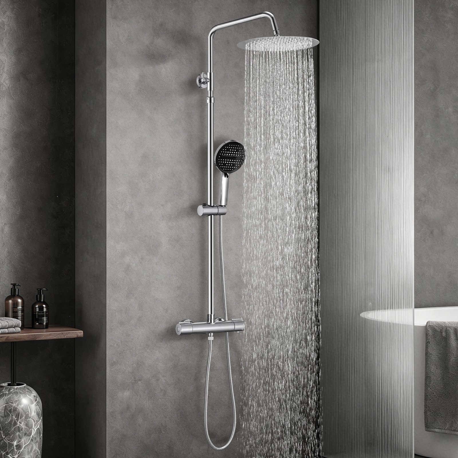HOMELODY Duschsystem Thermostat Duschset Chrom 12" Regendusche 6 Funktionen Handbrause, SUS304 Edelstahl Kopfbrause, 38°C Verbrühschutz, höhenverstellbar