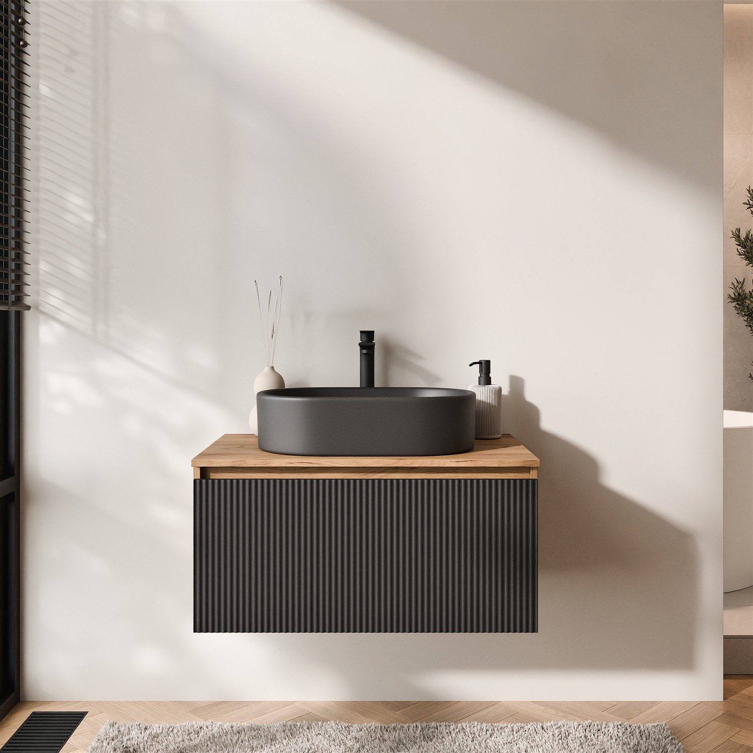 Planetmöbel Waschtisch-Set Arisa 2 teilig, Waschtisch mit Unterschrank 80 cm, Waschbecken 55 cm, (Waschtischunterschrank hängend für Gäste WC & Bad, schwarz geriffelt, 2-St., Badmöbel Set mit Waschbecken 55 cm schwarz), Schublade mit Soft-Close Funktion
