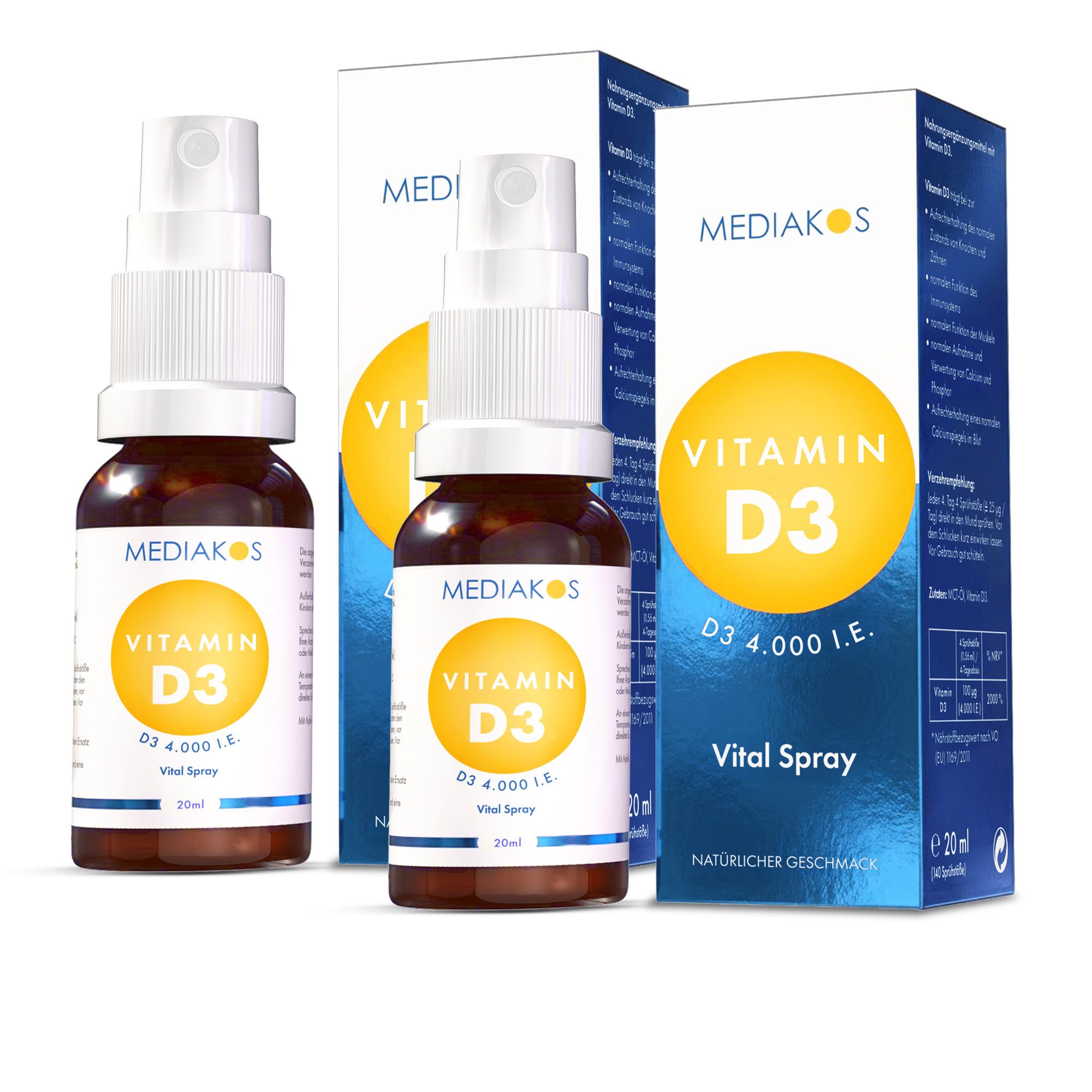 Mediakos Mediakos Vitamin D3 4.000 I.E. Vital Spray, für Immunsystem, Knochen, Zähne und Muskeln – Geschmacksneutral & Ohne Zucker! à 40 ml