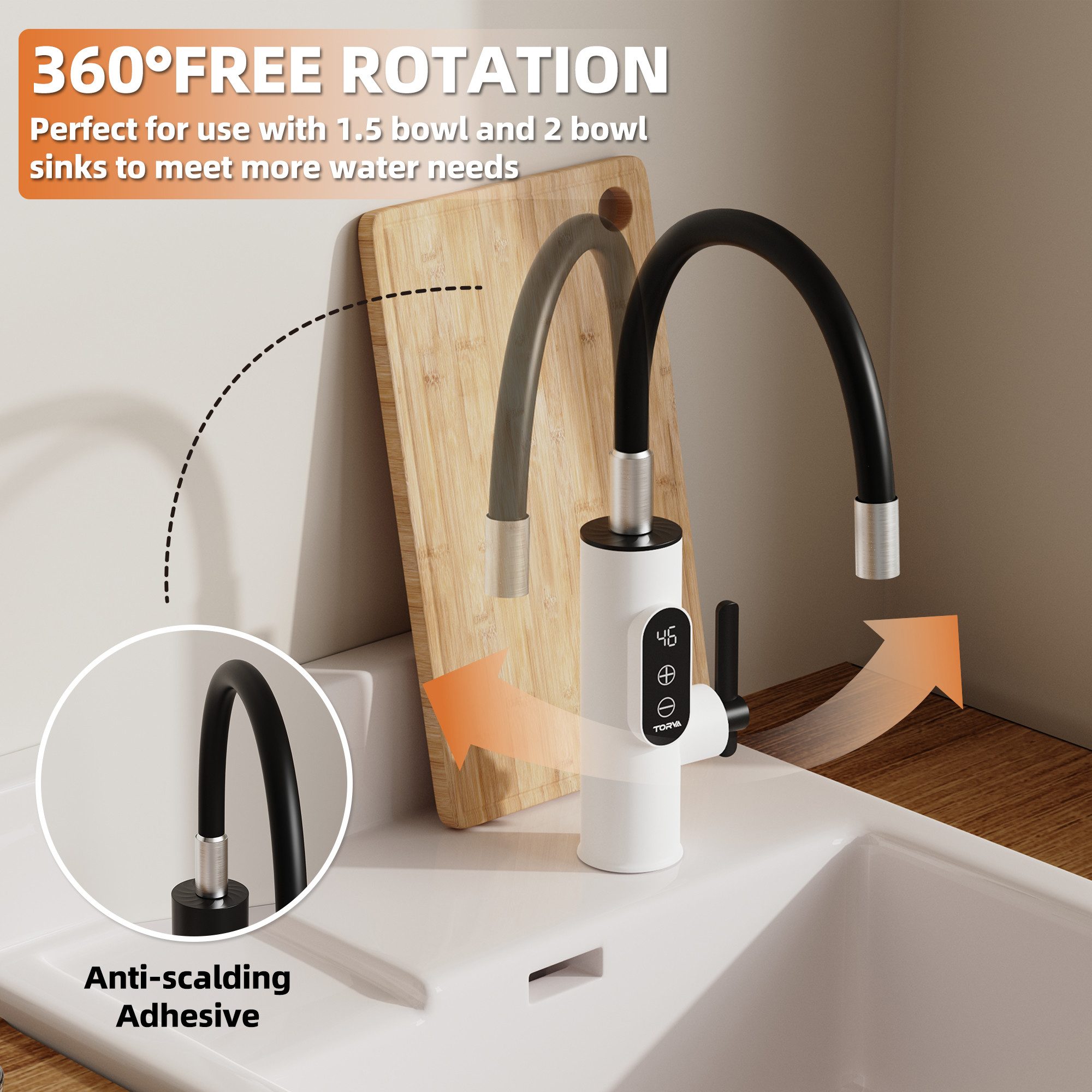 HomeGuru Elektrischer Wasserhahn Instant Heißwasserhahn, elektrisch, 360° drehbar, mit LCD-Anzeige, nur 3 Sekunden heißes Wasser