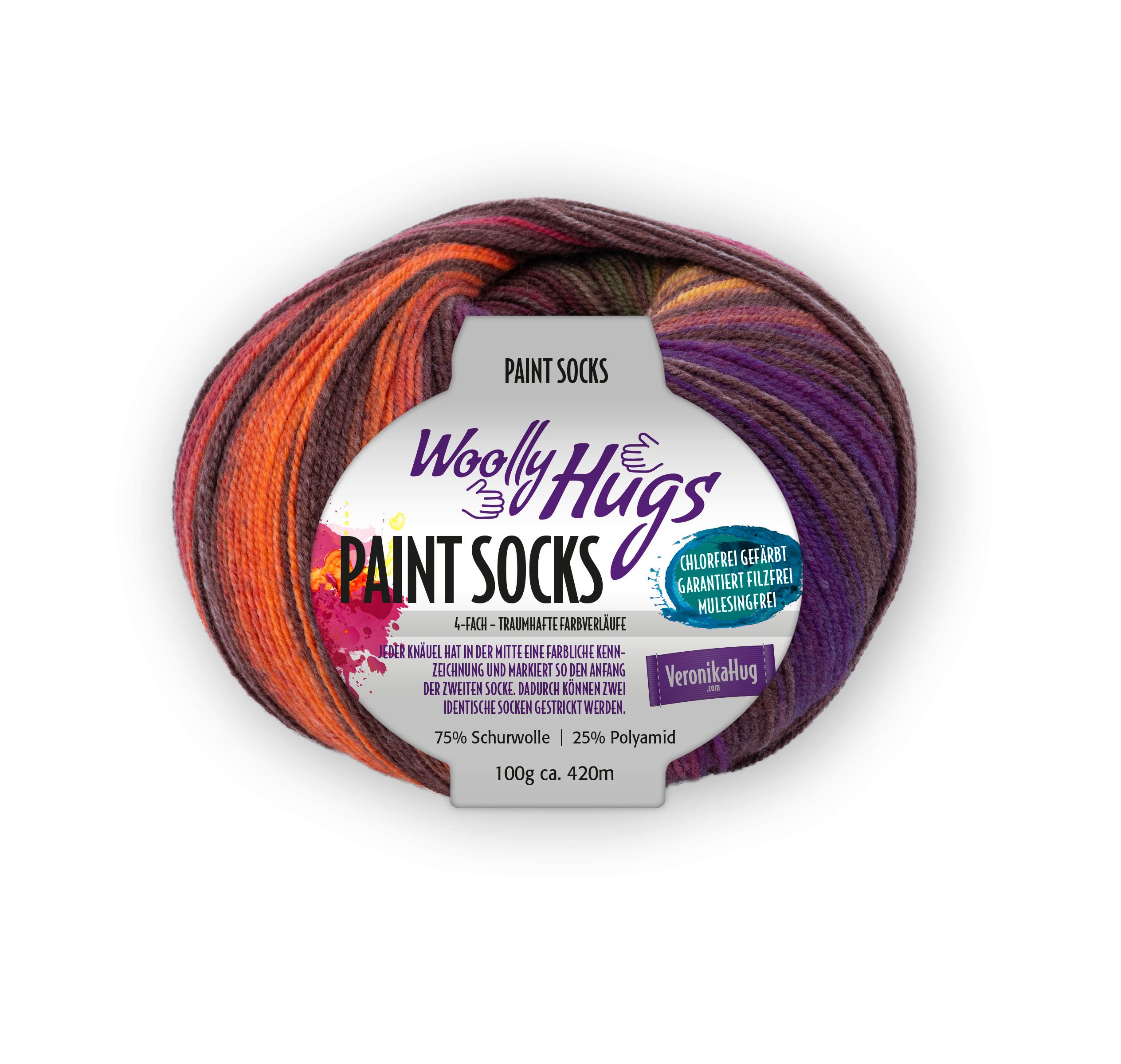 Woolly Hugs Paint Socks Sockenwolle 4fach bunt für zwei identische Socken Häkelwolle, 420,00 m (Sockengarn 4fädig, Strumpfwolle mit Farbverlauf), 75% Wolle, 25% Polyamid