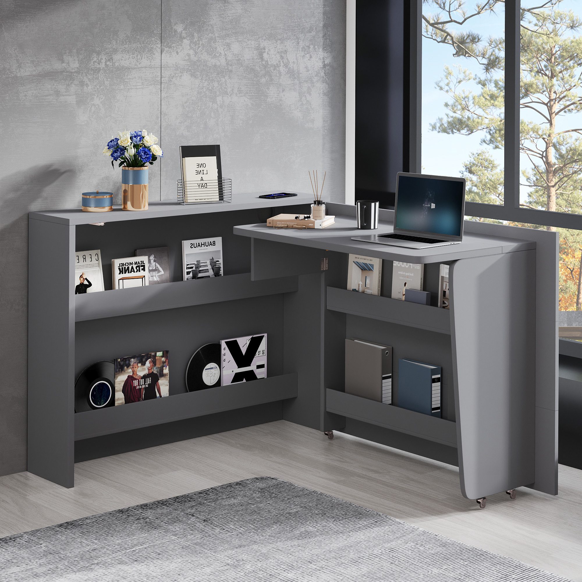 i@home Eckschreibtisch Faltbarer Schreibtisch mit Rollen & Wireless Charger 95×51 cm, Klappbar, 2-in-1 Design, Platzsparend, Wireless Charger