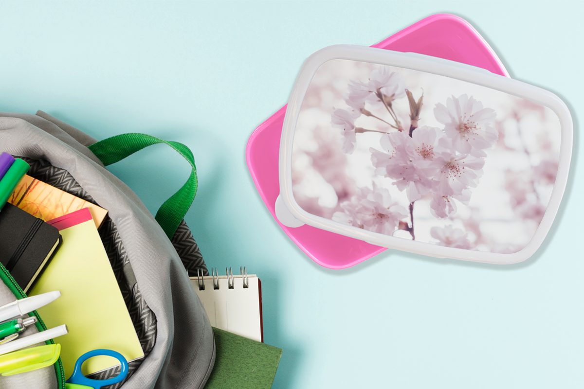 - Kunststoff Brotdose MuchoWow - für Snackbox, Brotbox rosa Erwachsene, (2-tlg), Mädchen, Kinder, Zweig Blüte, Blumen Kunststoff, Lunchbox