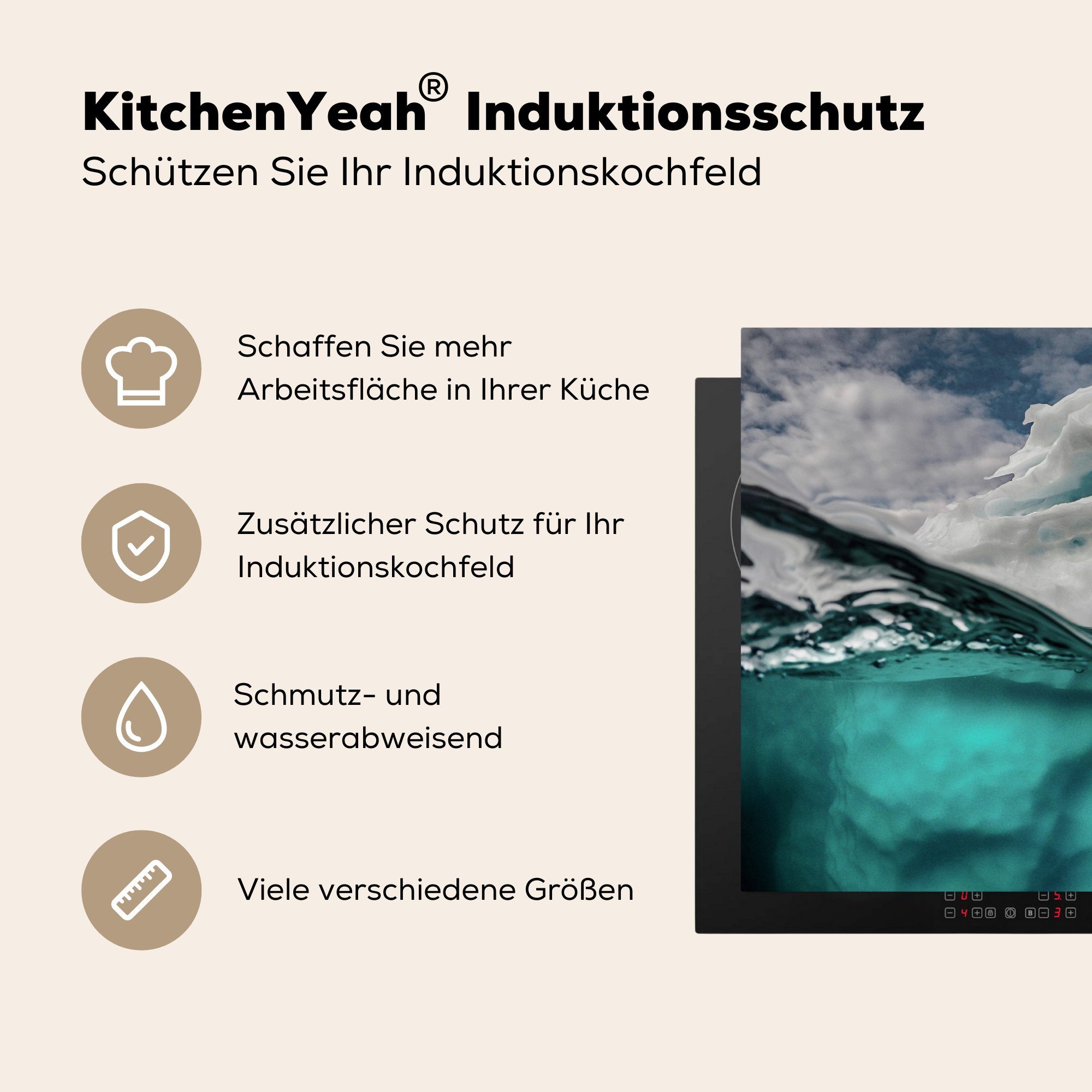 MuchoWow Herdblende-/Abdeckplatte und nutzbar, Vinyl, Wasser, cm, Eisberg 70x52 unter (1 Arbeitsfläche Mobile über Ceranfeldabdeckung tlg)