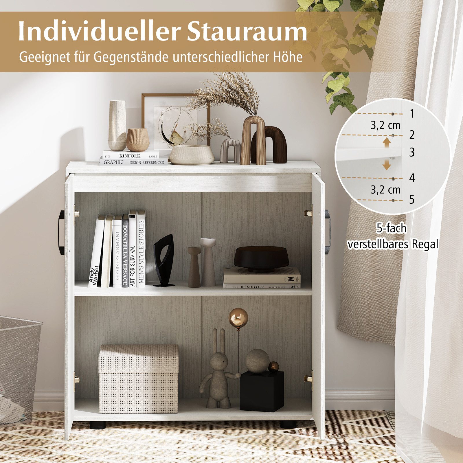 COSTWAY Kommode, Beistellschrank mit Türen & verstellbarem Regal Weiß