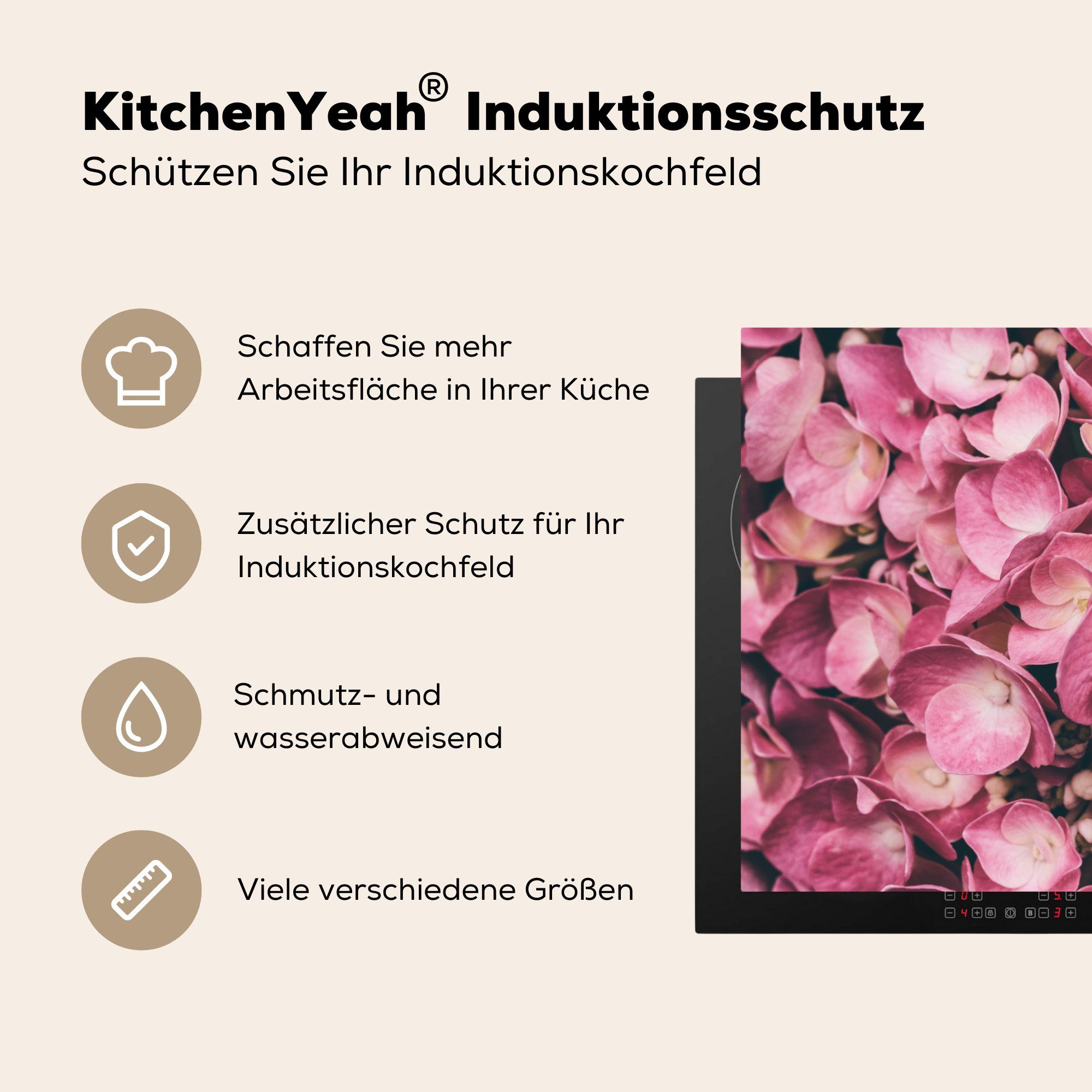 MuchoWow Herdblende-/Abdeckplatte für Induktionskochfeld küche, Hortensien, Schutz Nahaufnahme tlg), Vinyl, Ceranfeldabdeckung (1 die cm, rosa 81x52