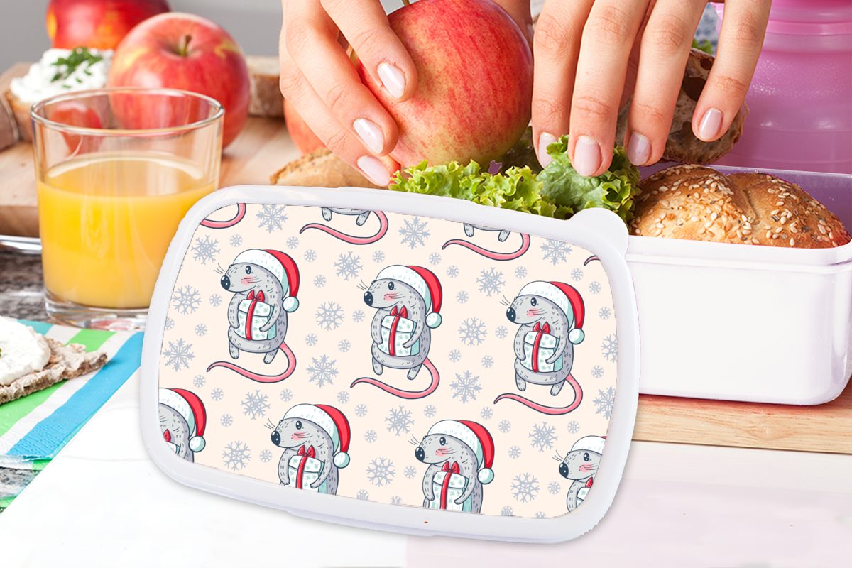 Muster, - Kunststoff, und - Brotbox weiß - Lunchbox - für Kinder Erwachsene, Brotdose, MuchoWow Ratte für Kinder Weihnachtsgeschenk Jungs (2-tlg), Weihnachten und Mädchen