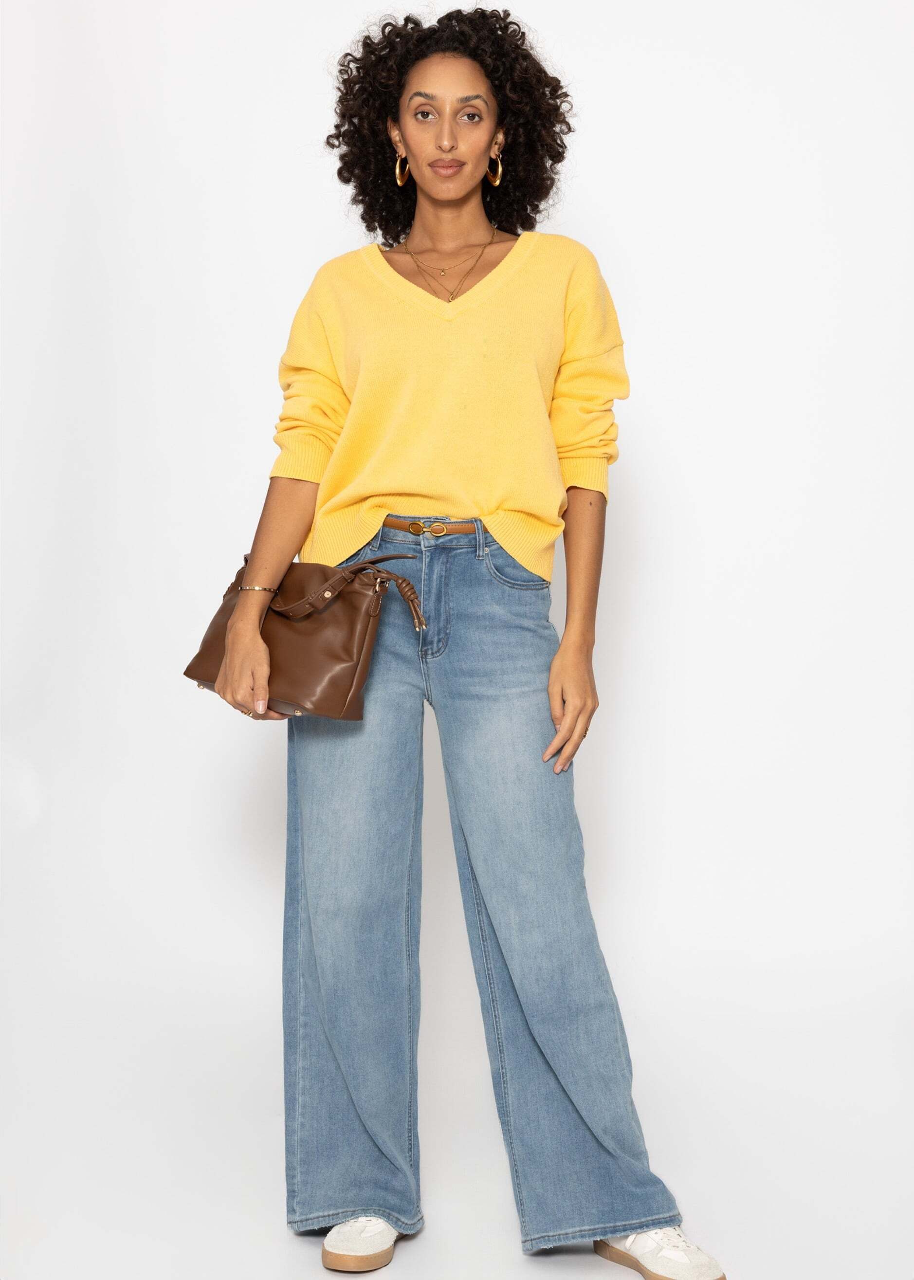 SASSYCLASSY Strickpullover Oversize Baumwoll-Pullover für Damen Lässiger Pullover mit V-Ausschnitt und gerippten Abschlüssen