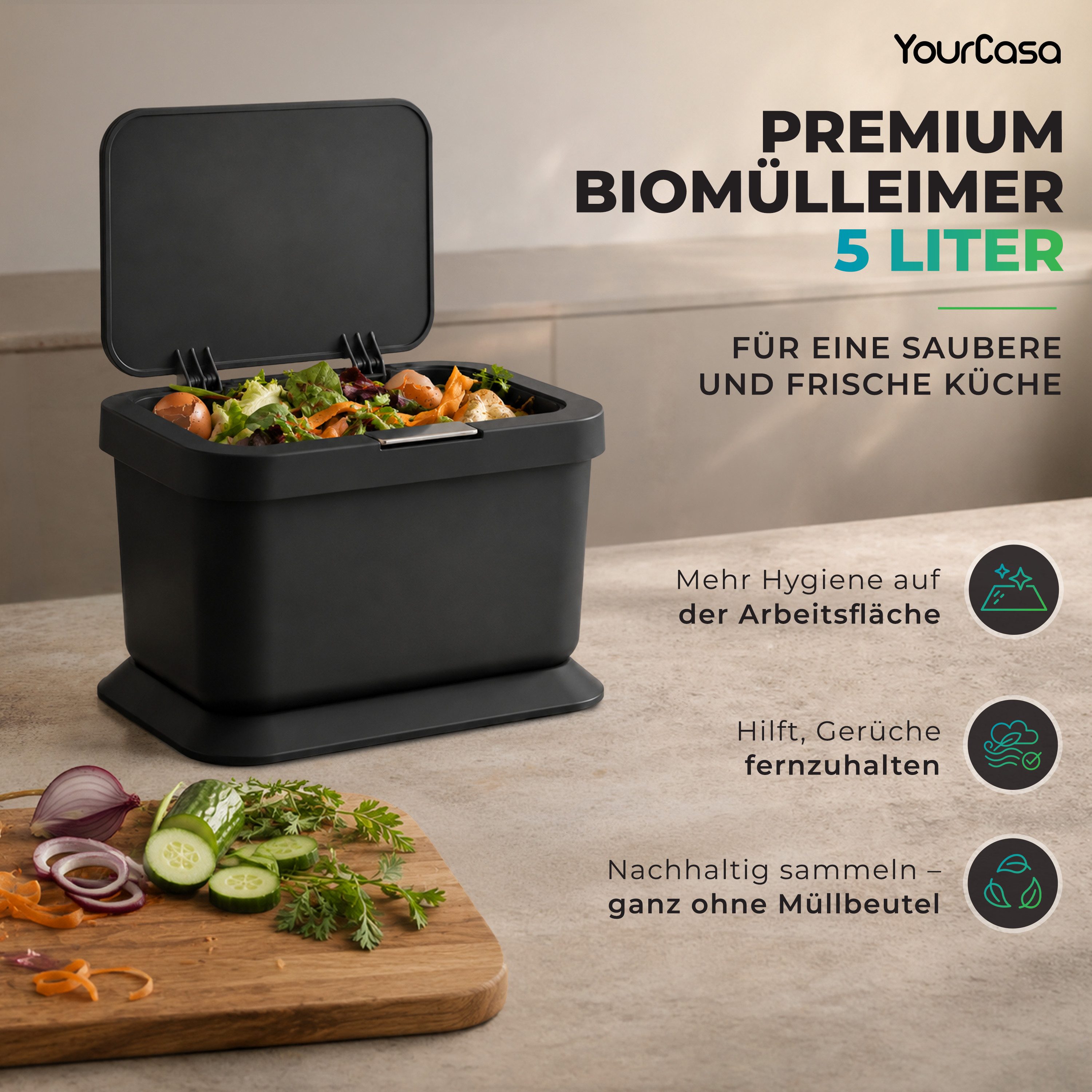 YourCasa Biomülleimer Küche 5L - Deckel mit Knopfdruck-Mechanismus- Komposteimer, Deckel mit Knopfdruck-Mechanismus, Antirutsch