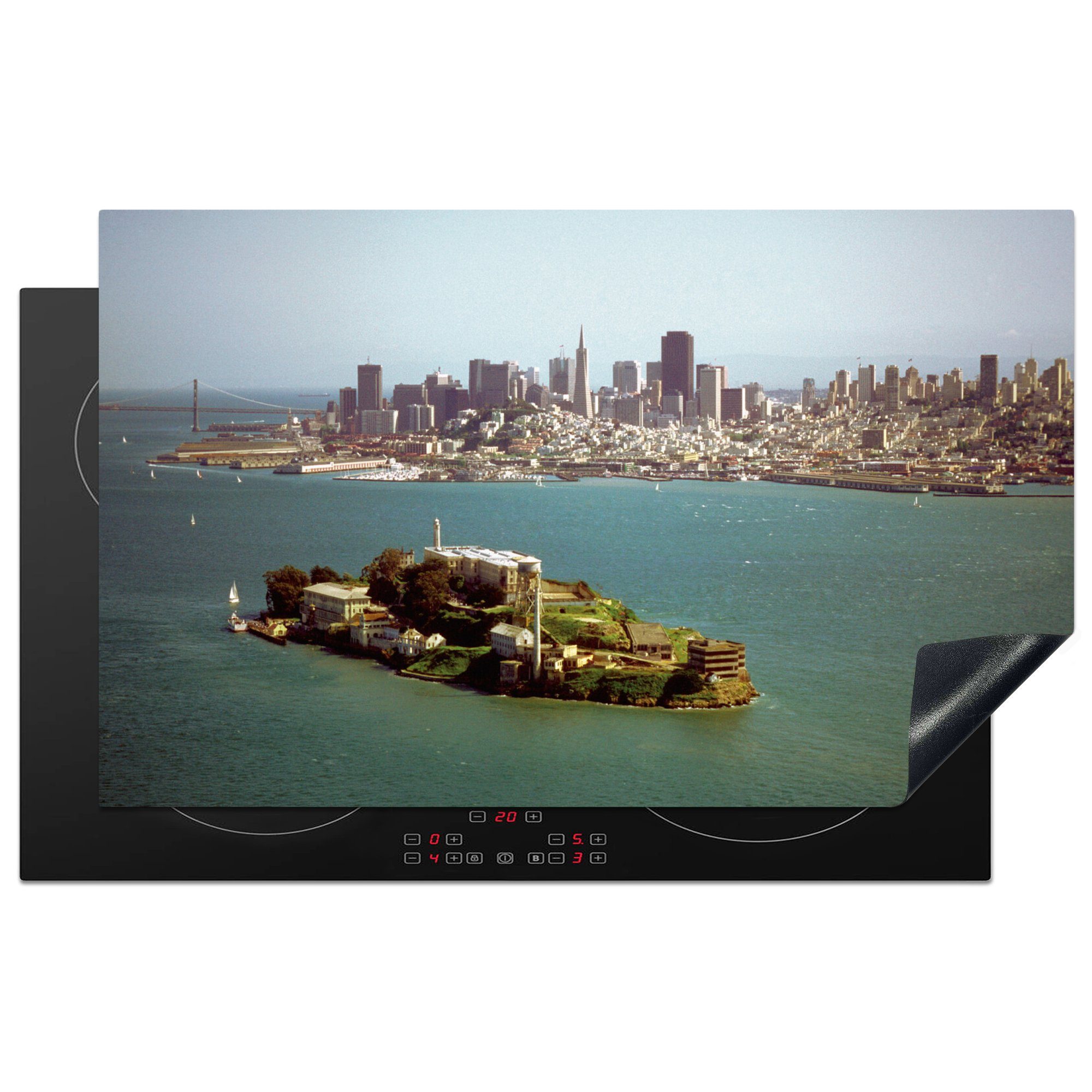 MuchoWow Herdblende-/Abdeckplatte San Francisco - Alcatraz - Insel, Vinyl, (1 tlg), 83x51 cm, Ceranfeldabdeckung, Arbeitsplatte für küche | Herdabdeckplatten