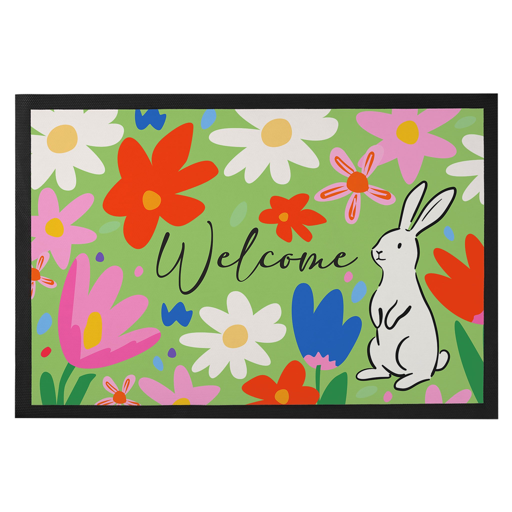 Herz & Heim Fußmatte zu Frühling & Ostern - Bunte Türmatte mit Blumen & Hase als Dekoration, Rechteckig, rutschfeste Unterseite, 2 Größen zur Auswahl
