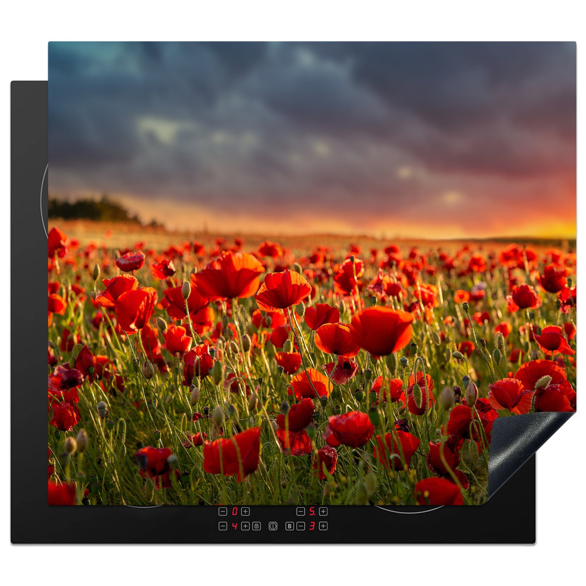 MuchoWow Herd-Abdeckplatte Sonnenuntergang - Mohnblumen - Rot - Blumen - Feld - Natur, Vinyl, (1 tlg), Abdeckplatte für Ceranfeld, Herd Inductionsmatte, 57.6x51.6 cm