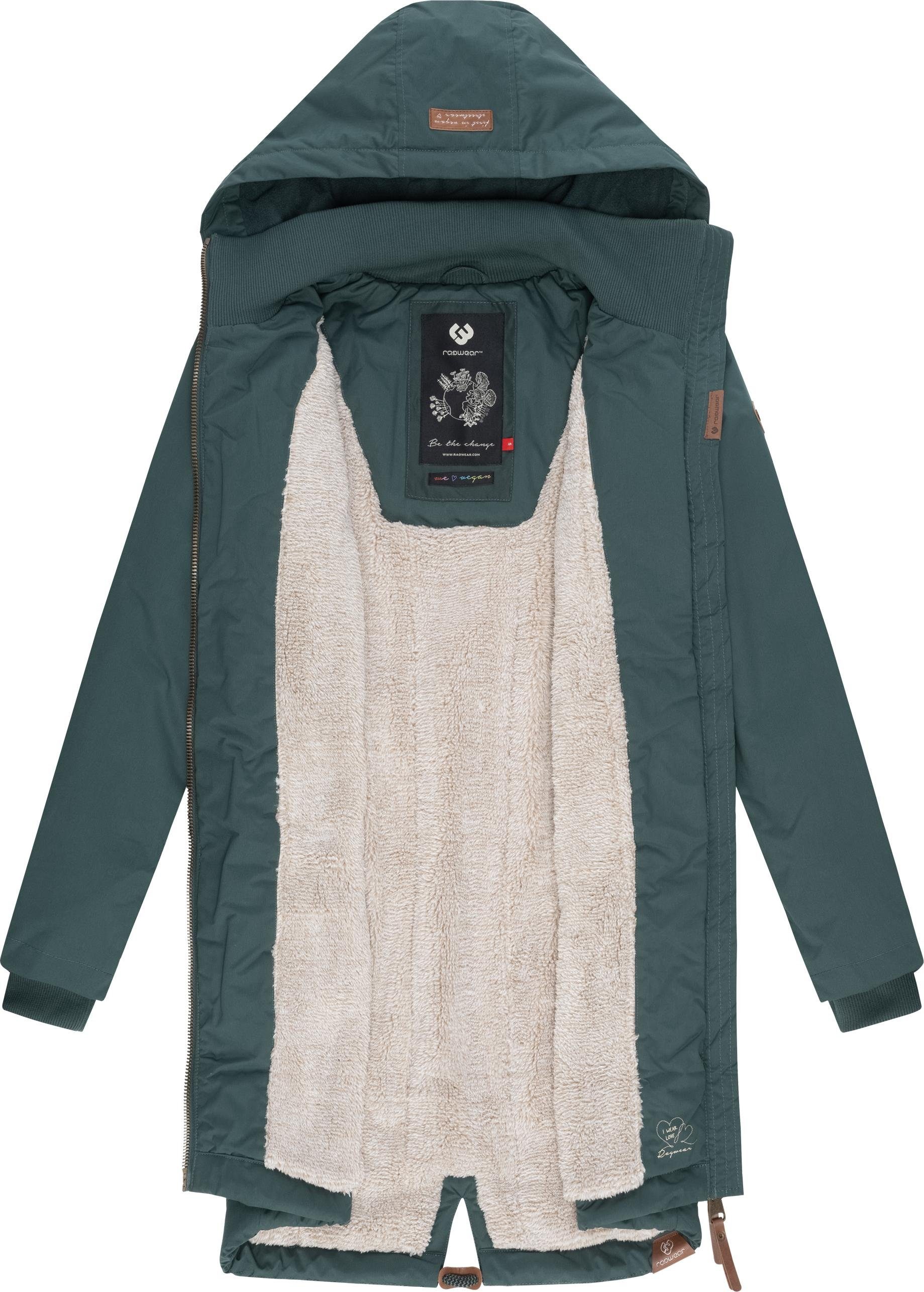 Wintermantel Winterparka und Ragwear Teddyfleece Kapuze stylischer Crescend mit dunkelgrün