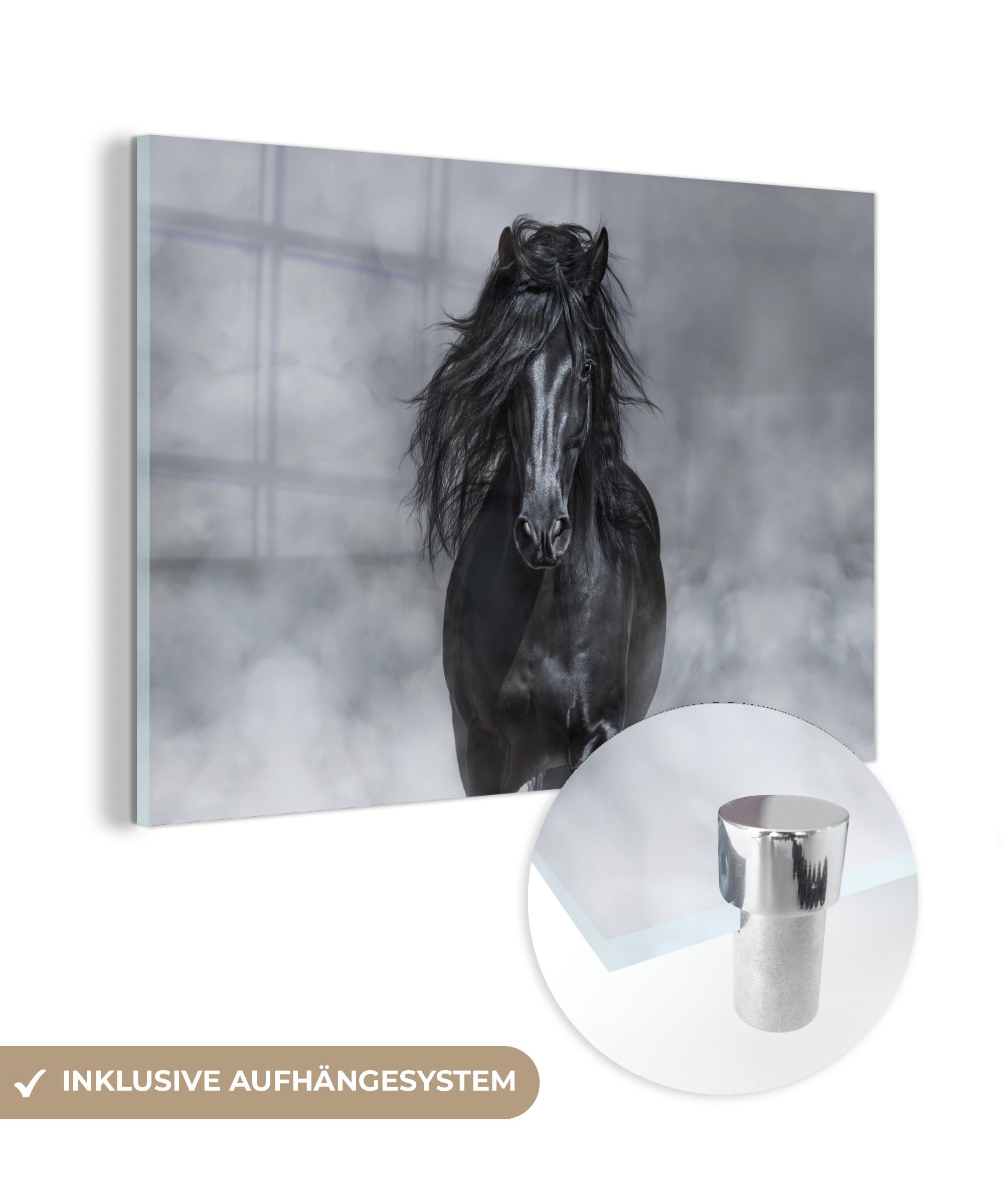 Glasbilder Foto St), MuchoWow Pferd - - auf Wandbild auf (1 Schwarz Bilder Wanddekoration - - Acrylglasbild Glas - Glas Smoke,