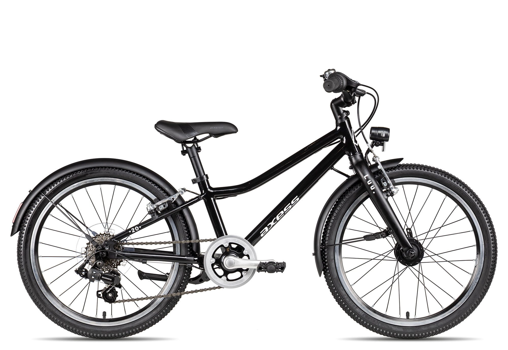 Axess Kinderfahrrad LUU. 20 EQ, 7 Gang Shimano Tourney RD-FT35, Super Short Cage Schaltwerk, Kettenschaltung, dreifach-konifizierter Aluminiumrahmen schwarz/grau