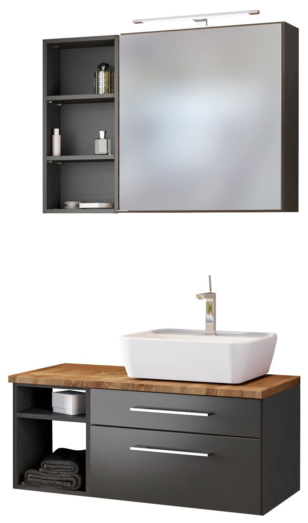 HELD MÖBEL Badmöbel-Set Waschtisch-Set Davos 90 cm -E- (rechts) graphit/matt grau
