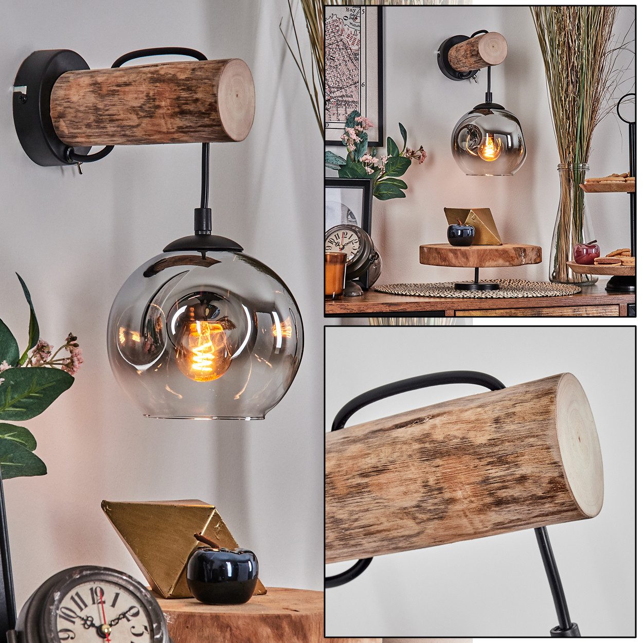 hofstein Wandleuchte Wandlampe aus Holz/Metall/Glas in günstig online kaufen