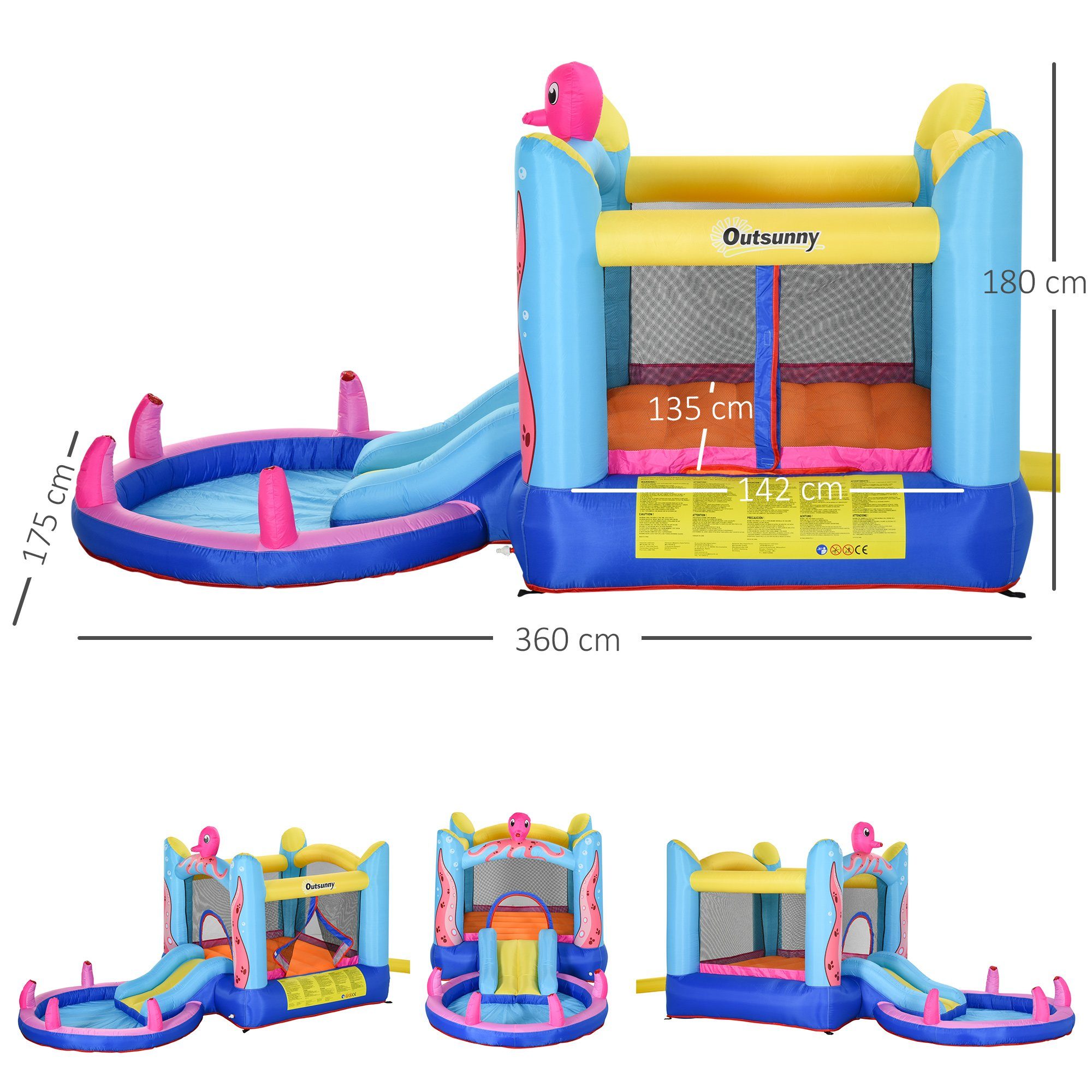 Outsunny Hüpfburg Aufblasbare Springburg mit Rutsche für 3-8 Jahre Oktopus-Muster, (Wasserpark, 3-tlg., Spielburg), für Außenbereich, Mehrfarbig