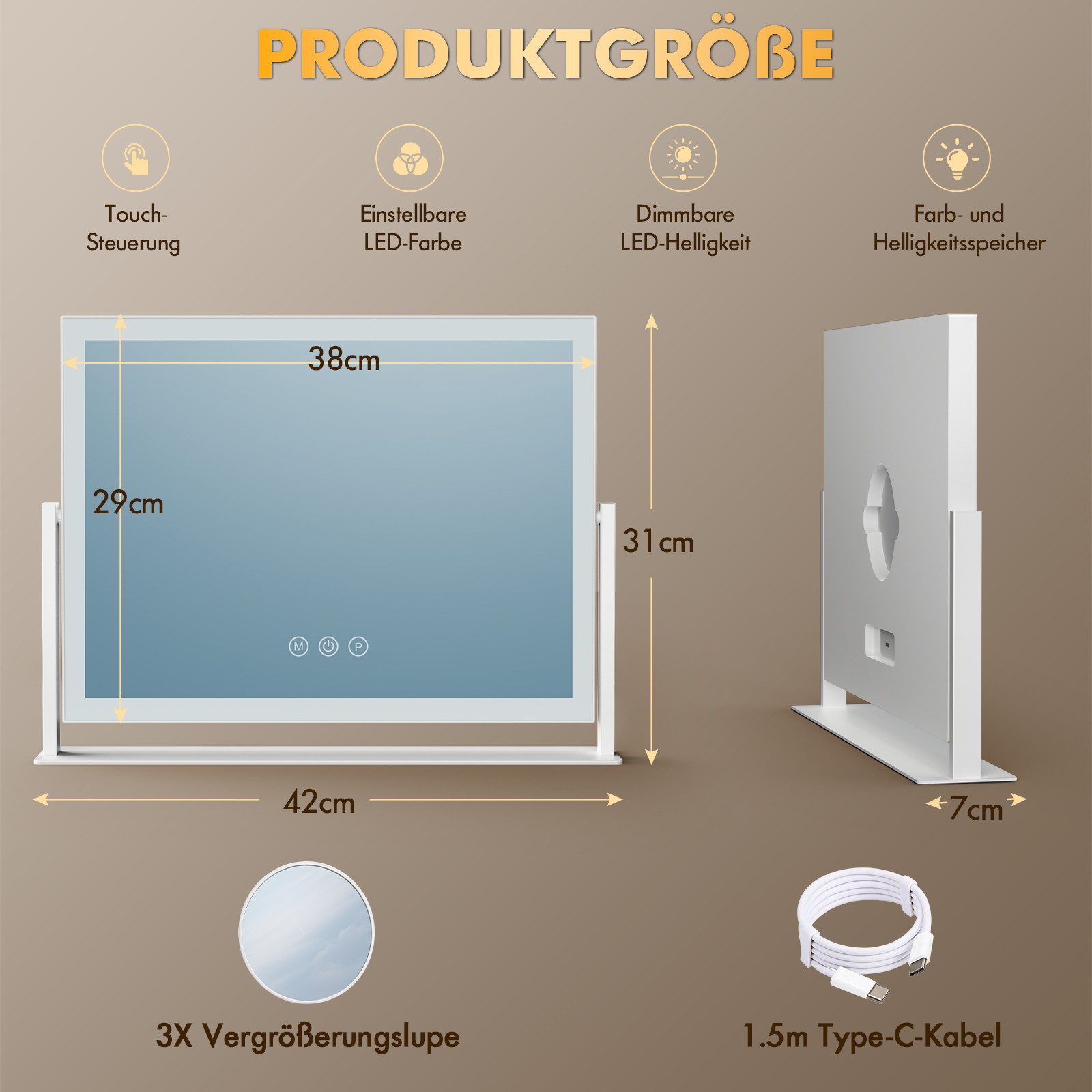 GIMBELEN Schminkspiegel mit Beleuchtung, 3 Farbtemperaturen & Dimmer, 360° Drehbar, 42x31cm (1-St), Beleuchtung, 3 Farbtemperaturen & Dimmer, 360° Drehbar – Bild 2 von 5
