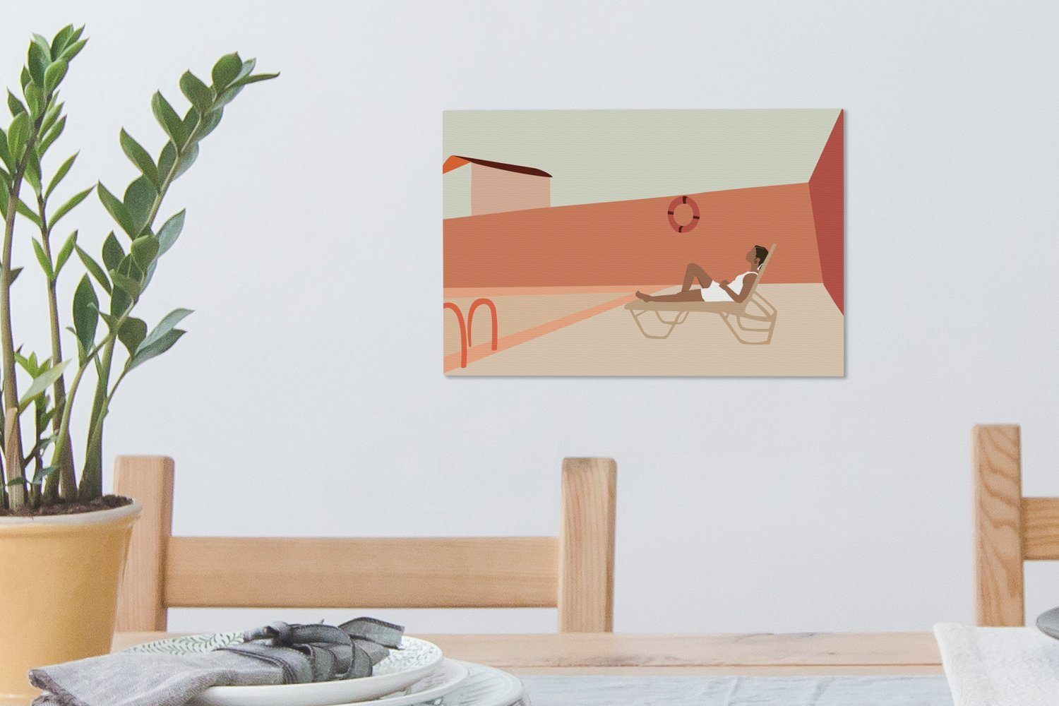 Wanddeko, 30x20 cm Frauen Pool Strandkorb - Aufhängefertig, Leinwandbilder, Pastell, St), (1 - Wandbild - Leinwandbild OneMillionCanvasses®