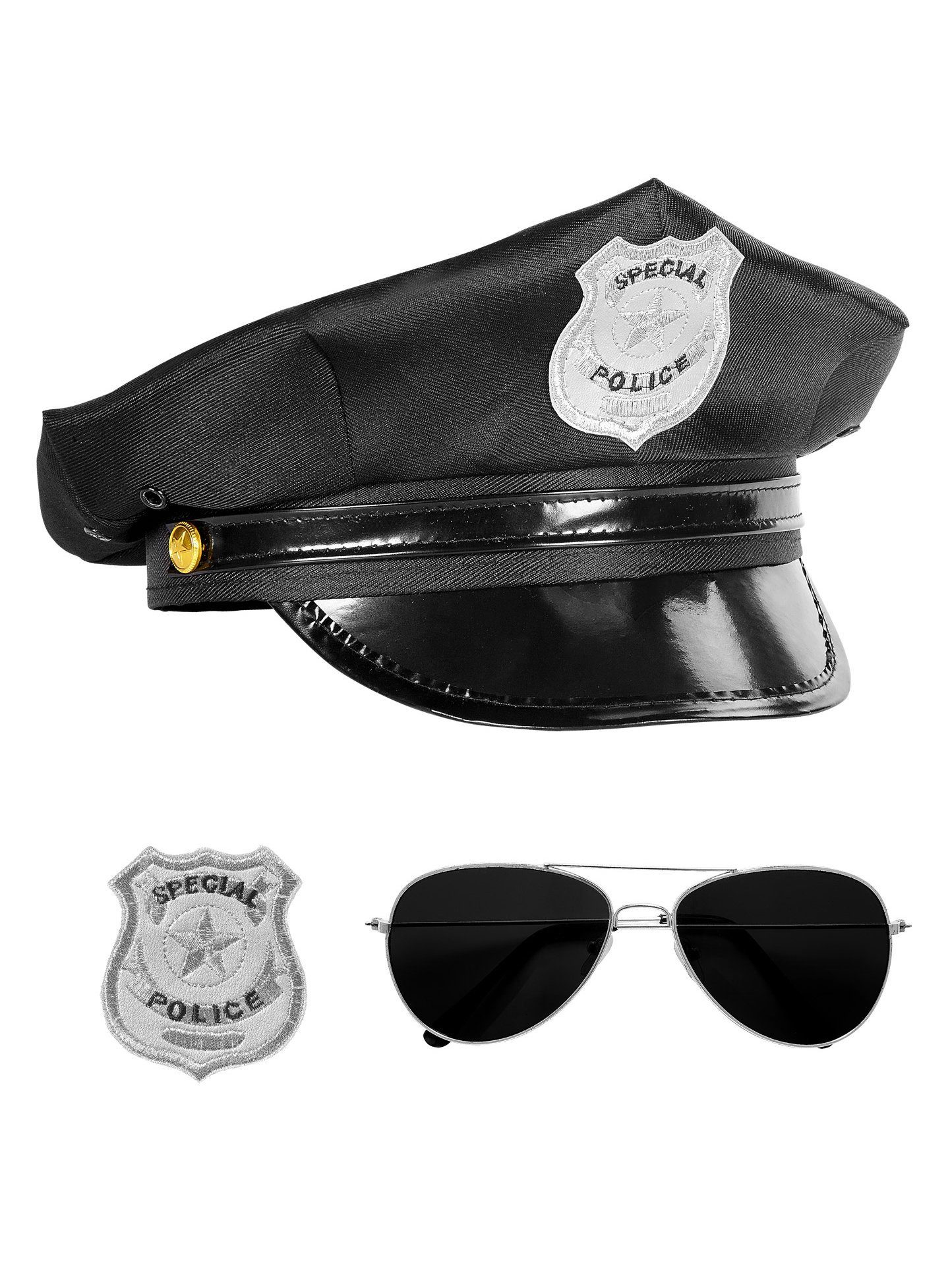 Widdmann Polizei-Kostüm Police Officer Accessoire-Set, Abzeichen, Brille und Cap für den Cop