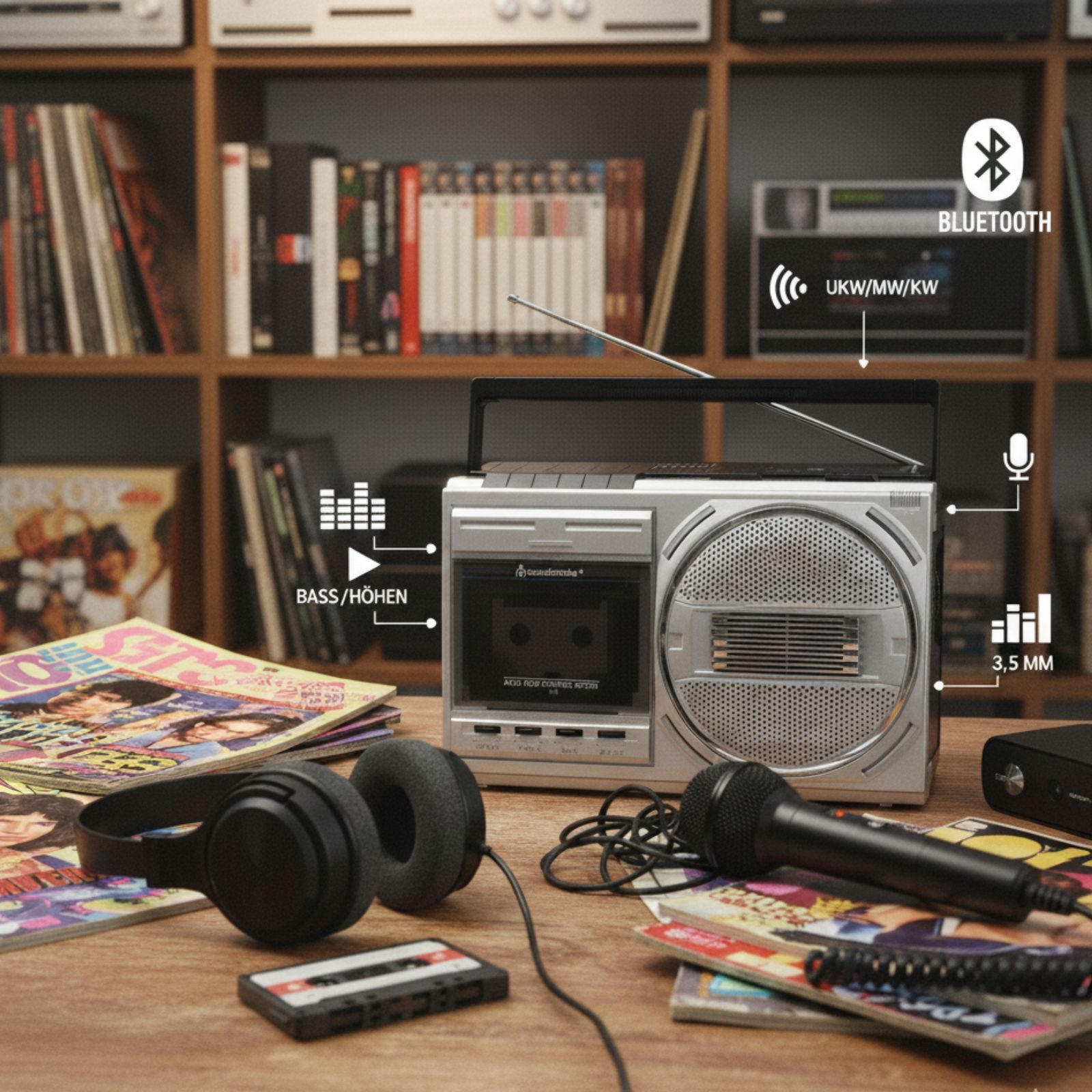 Soundmaster RR20SI Retro Radiokassettenrekorder mit Bluetooth & USB-MP3 Wiedergabe Boombox (UKW/MW/KW, 3 W, Aufnahmefunktion auf Kassette, Abspielen USB MP3, Klangregler)
