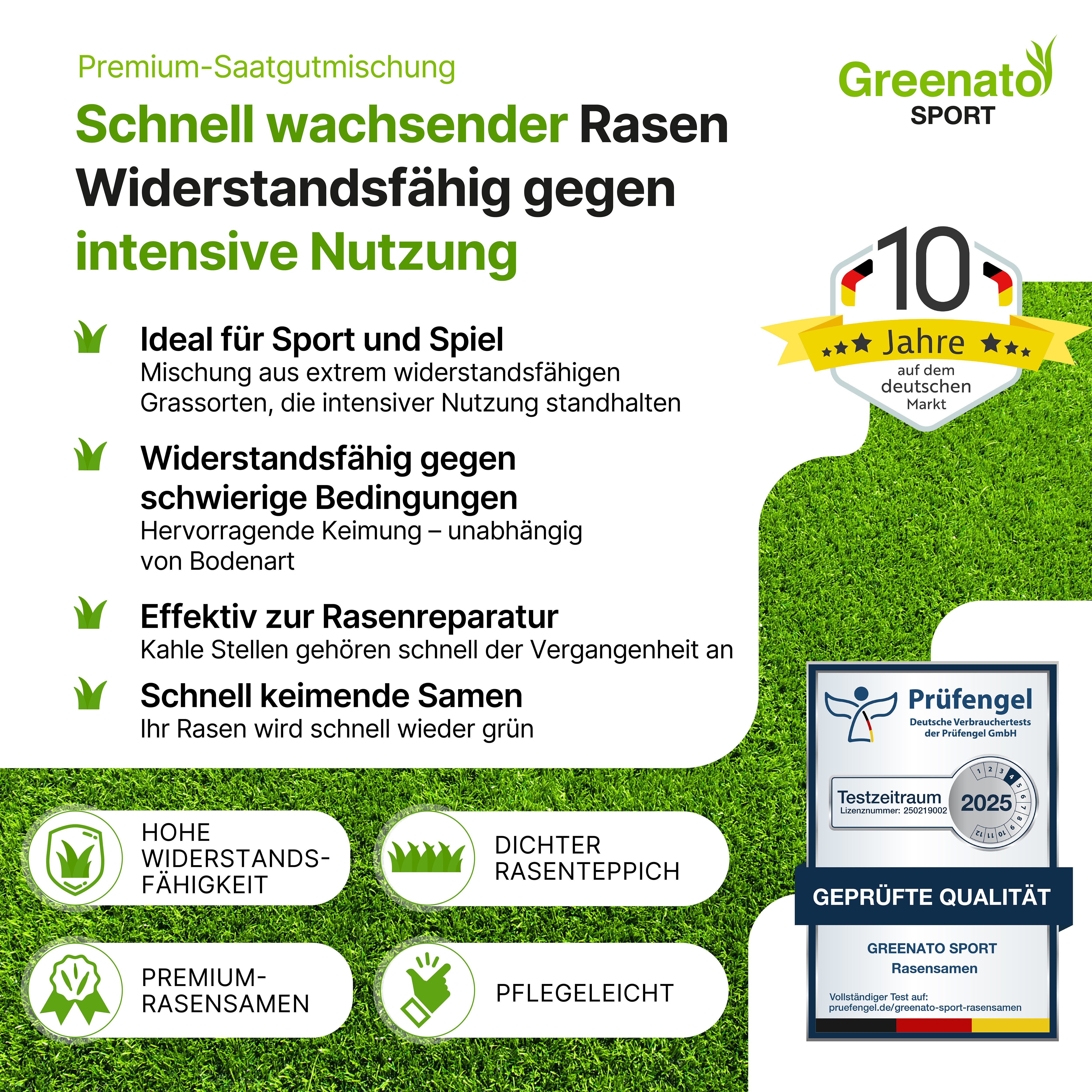 Thumbnail - Greenato Rasensamen Sport und Spielrasen - Grassamen schnellkeimend, 10 kg, ideal für Neuansaat und Rasennachsaat - extr...