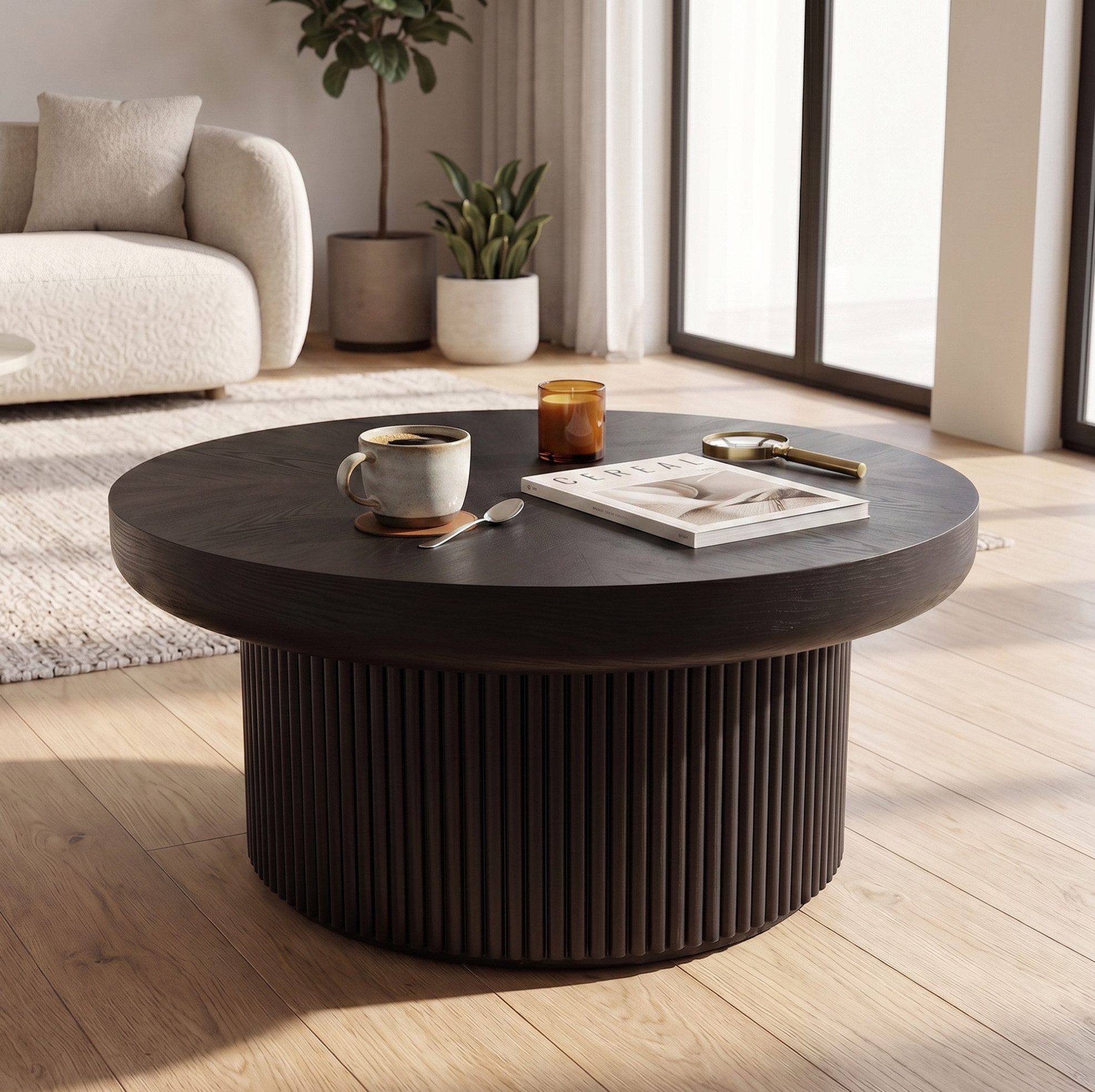 MODFU Couchtisch Ø78 cm Wohnzimmertisch rund Schwarz mit Holzoptik Oberfläche (Packung, 1-St., Kleiner Beistelltisch mit dicker Tischplatte für Wohnbereiche), Moderner Sofatisch mit Parquet Muster, Rillenstruktur & Zylinderfuß
