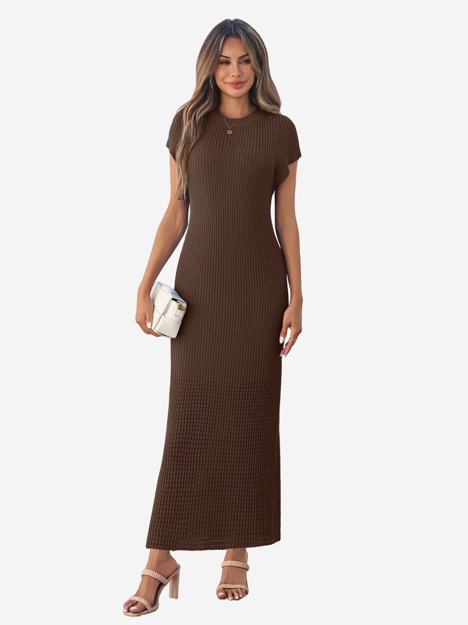 Imily Bela Strickkleid Damen mit Kurzarm und Rundhals Casual (Packung, 1-tlg., 1per-Pack) in Unifarbe mit Lochmustern und Rippstrick