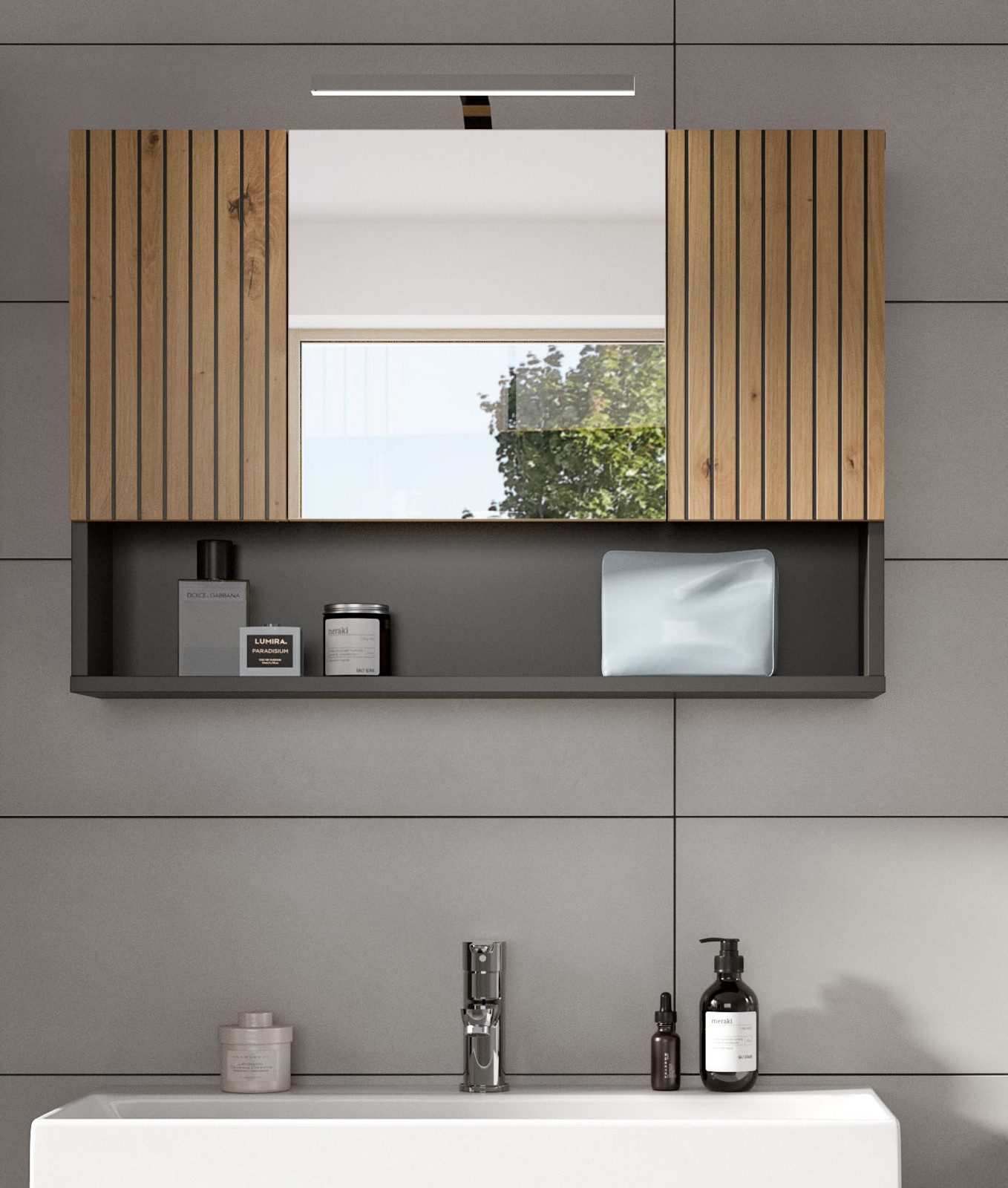 Inn.Furn Badezimmerspiegelschrank Livia (Badspiegel in Eiche Artisan mit Ri günstig online kaufen