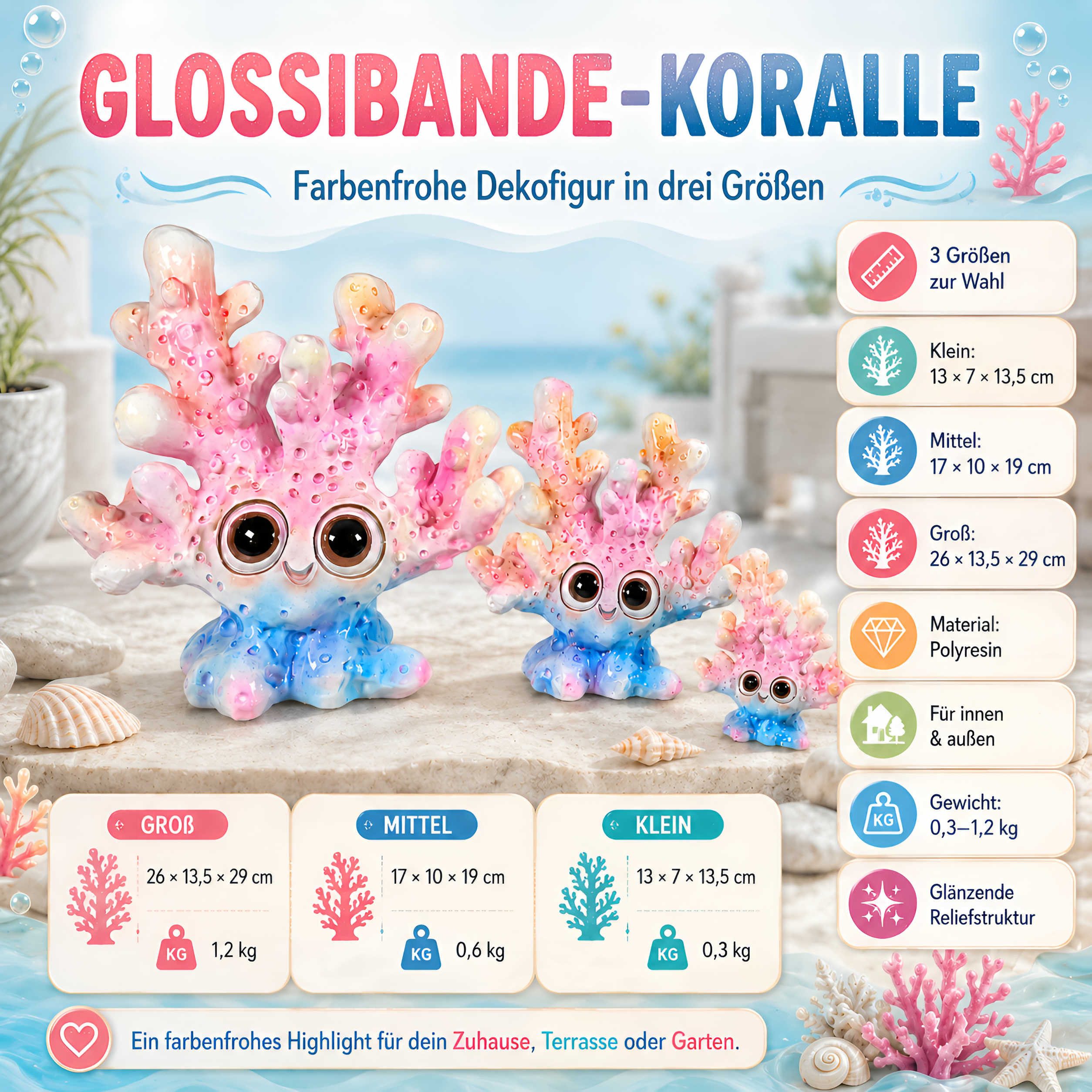 colourliving Tierfigur Moderne Korallen-Figur glänzend – in Blau-Rosa & Orange (3 Größen) (1 St), »Koralle« aus der colourliving GlossiBande