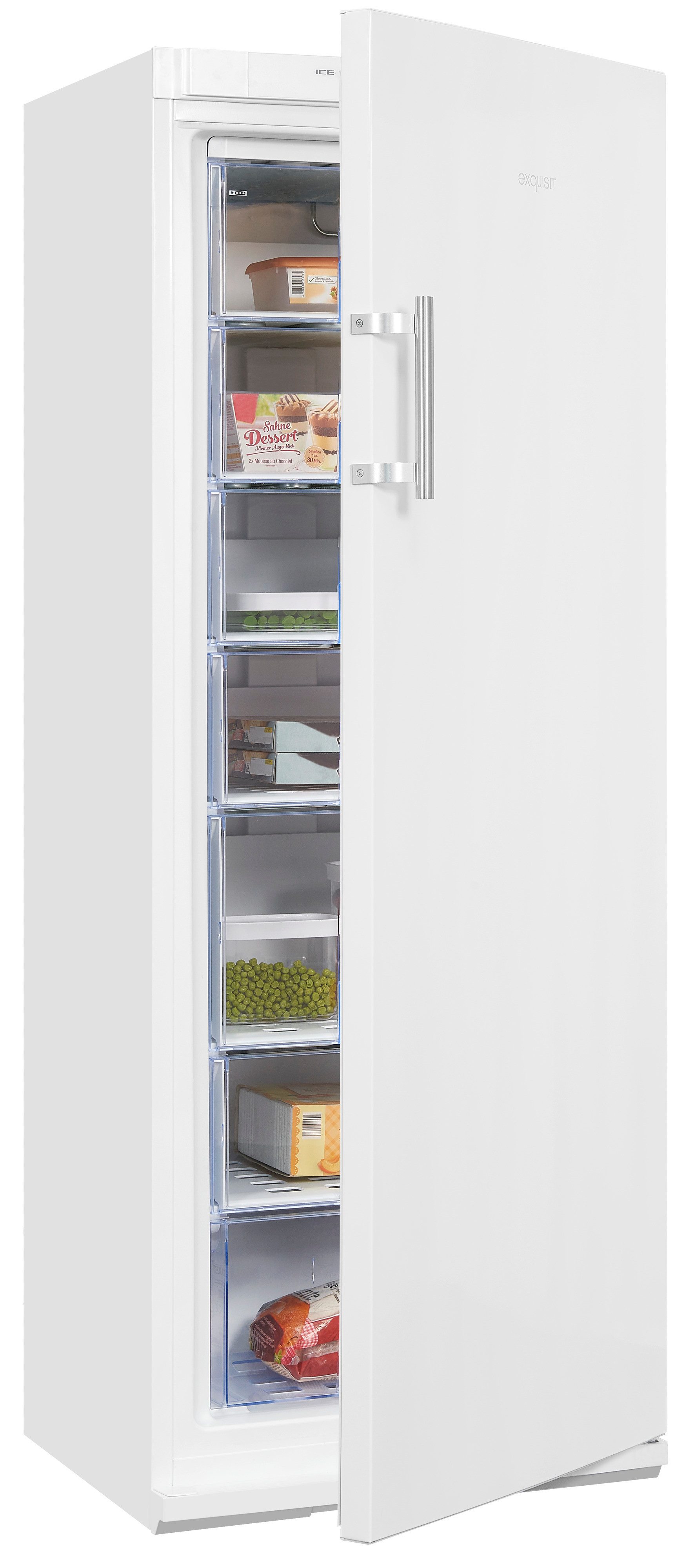 exquisit Gefrierschrank GS27-H-280E weiss, 163 cm hoch, 60 cm breit, 4*-Gefrierschrank mit praktischem Griff – leicht & bequem zu öffnen