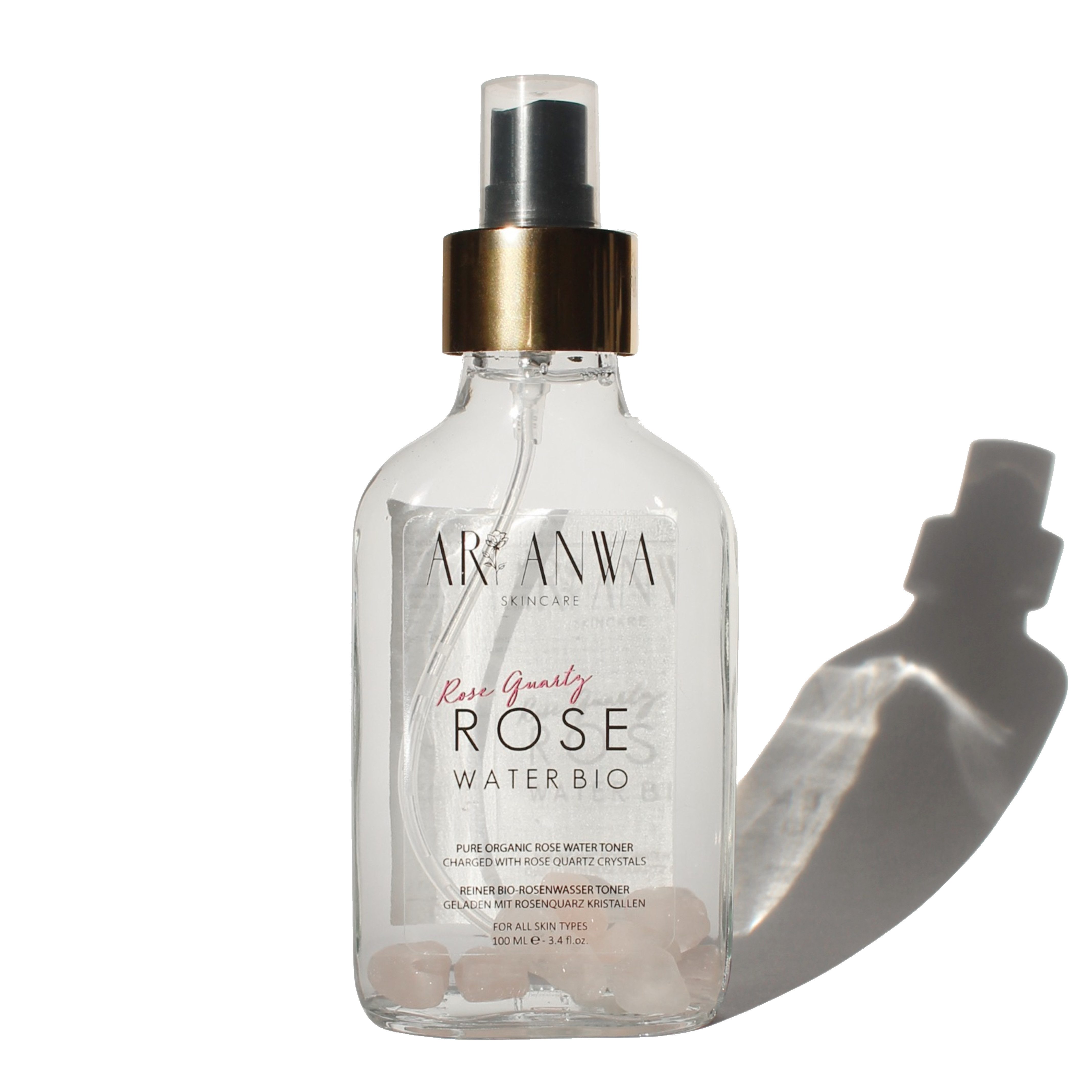 ARI ANWA Skincare Gesichtswasser Bio Rosenwasser Spray mit Rosenquarz, Gesichts- und Körperspray, Natürlich, bio, vegan, tierversuchsfrei, frei von Alkohol